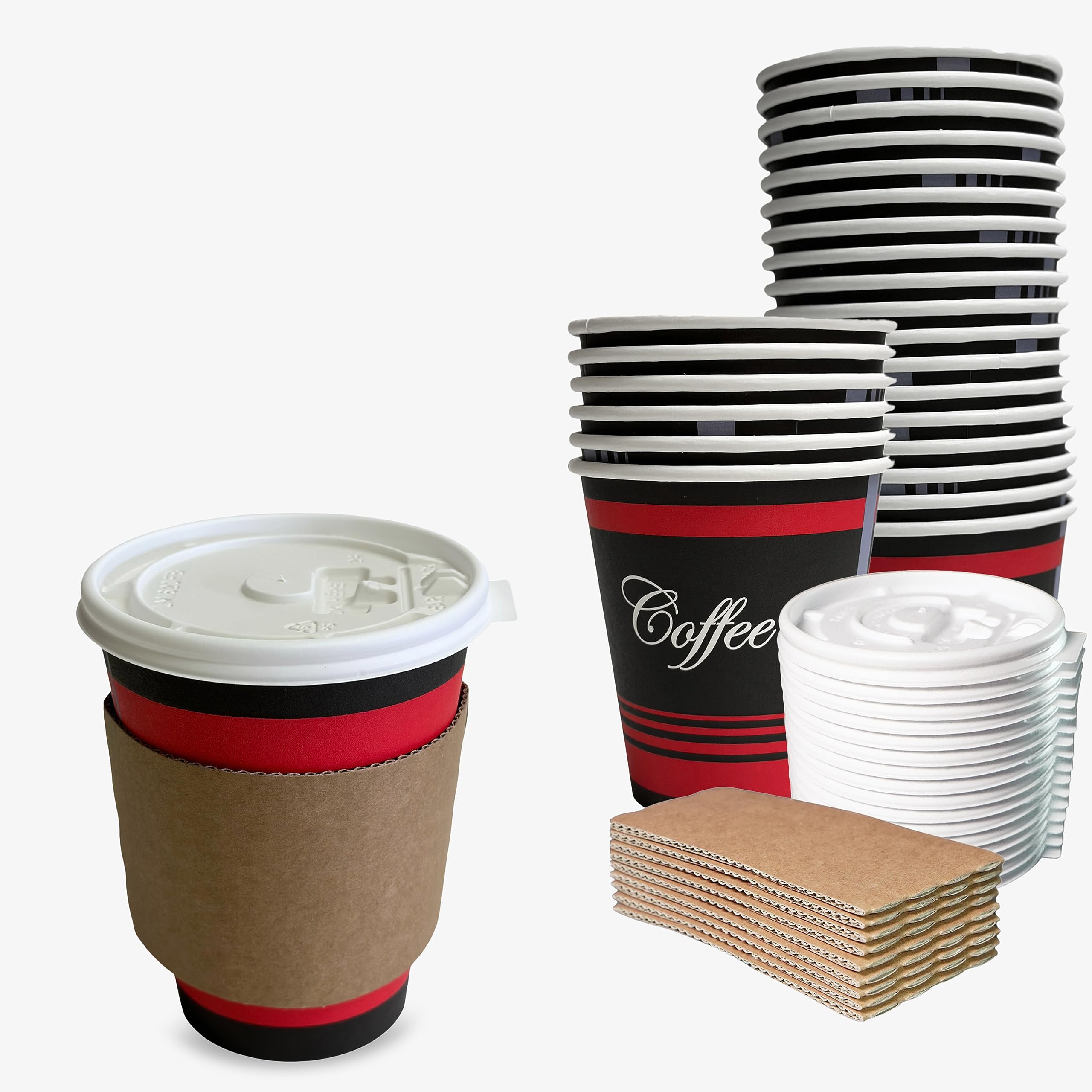 100-Pack 12oz Disposable Paper Coffee Cups with Lids, Sleeves & Stirrers - White Travel Coffee Cups for Hot & Cold Beverages - Perfect for Office, Parties, Coffee Shops, and On-the-Go Drinks