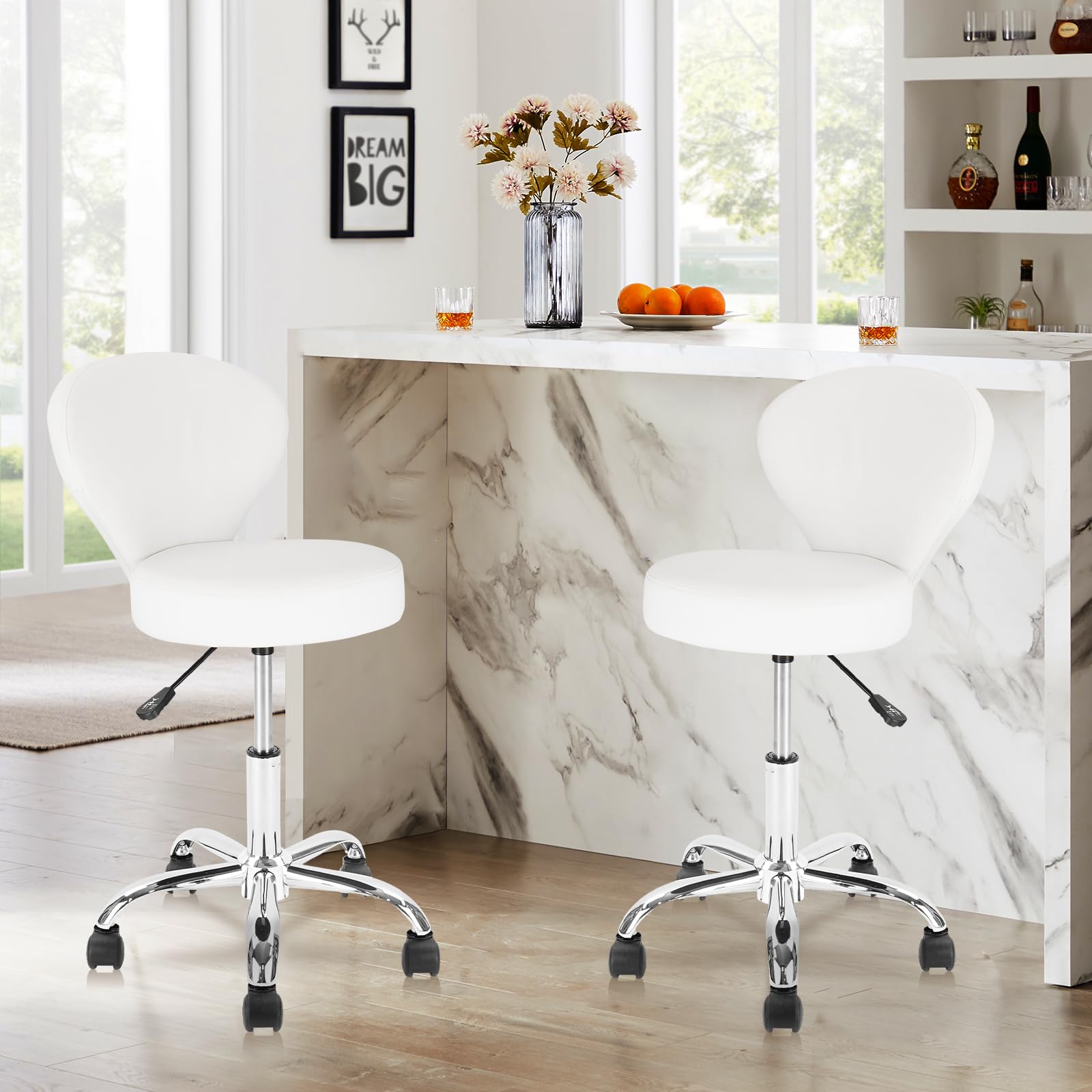 4 Pack PVC Faux Leather Rolling Swivel Salon Stools - Adjustable Hydraulic Height (15-22 Inch) with Low Back Support - Perfect for Office, Massage, Facial Spa, Medical & Tattoo Parlors - White Salon Chairs for Professional & Home Use