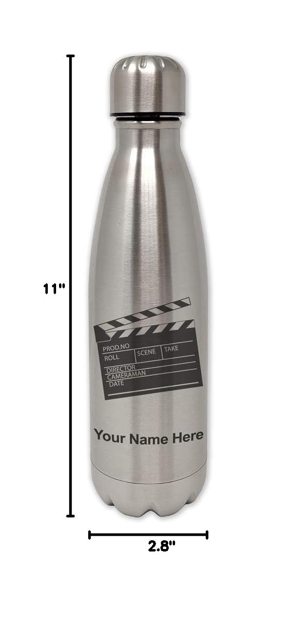 LaserGram Single Wall Stainless Steel Water Bottle with Personalized Engraving - Movie Clapperboard Design - Perfect for Film Enthusiasts, Outdoor Activities & Office Use