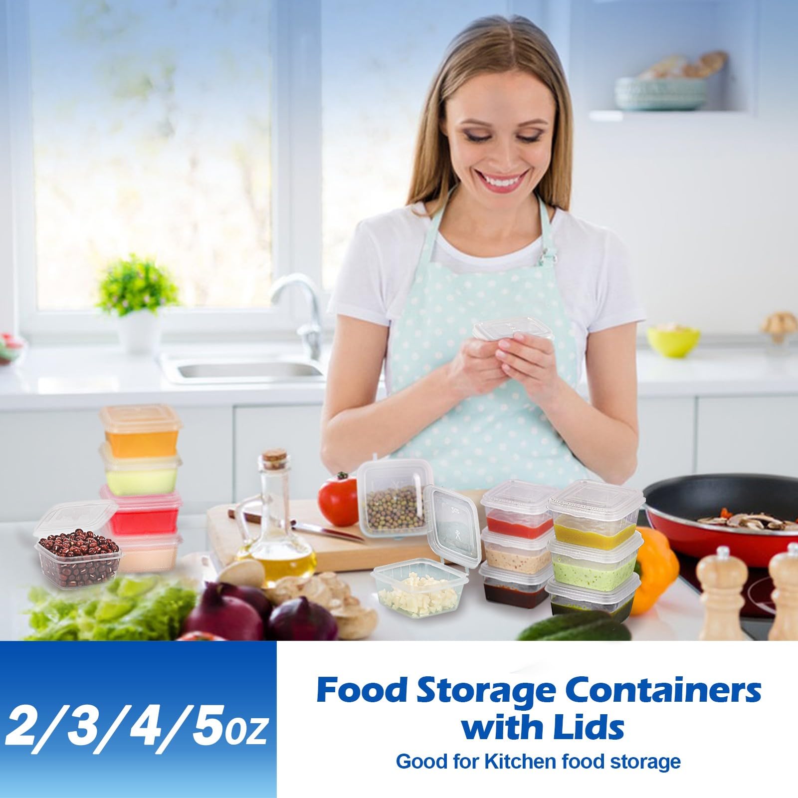 2/3/4/5oz Square Plastic Food Storage Containers with Lids - 200 Pack Disposable Portion Cups for Condiments, Jello Shots, Sauces, Meal Prep & Party Serving - BPA Free Small Containers for Kitchen, Restaurant & Catering Use