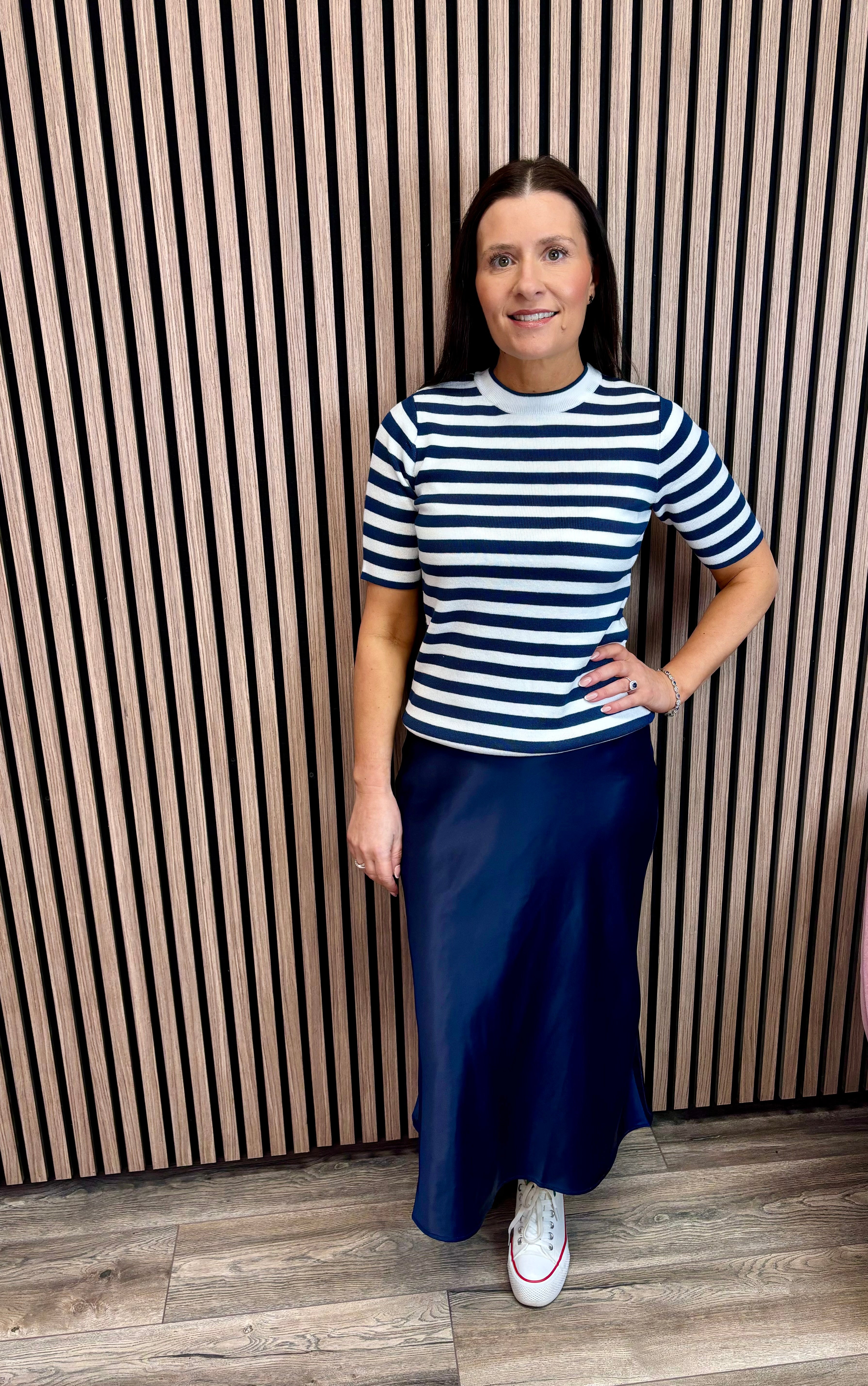 Enda Midi Skirt for Women - Dark Navy Blue Flowy Knee-Length Skirt | Casual & Office Wear | Perfect for Work, Date Night & Spring Outfits
