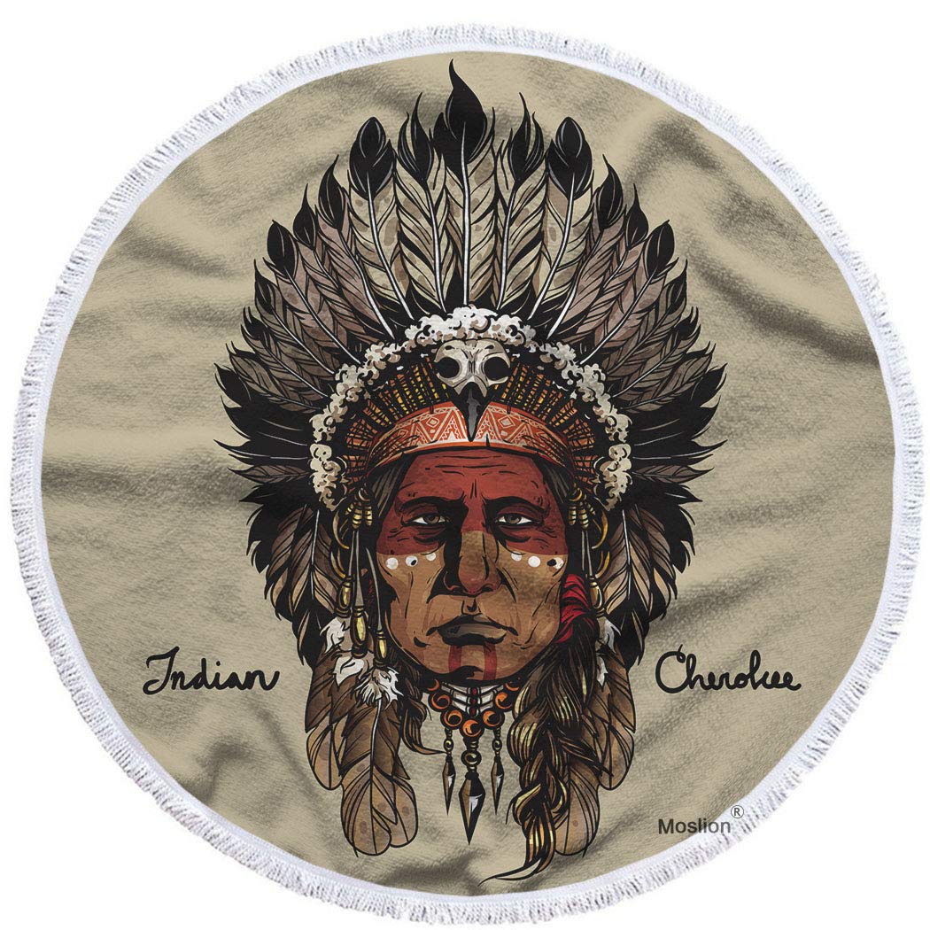 Moslion Oversized Round Beach Towel 63 Inch - Soft Polyester-Microfiber with Native American Cherokee Warrior Art - Perfect for Beach, Pool, Yoga & Outdoor Activities
