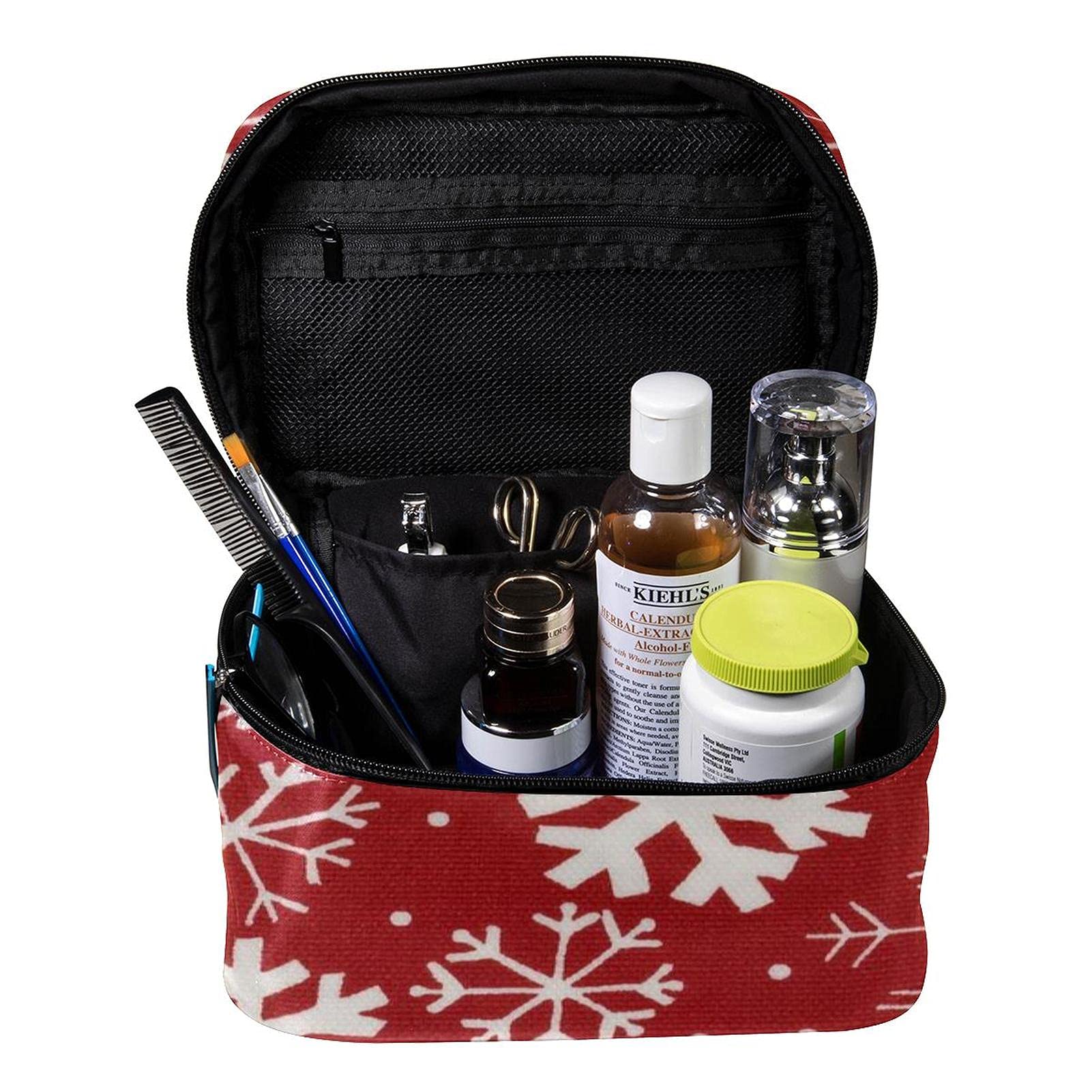 Red and White Snowflake Christmas Pattern Travel Makeup Bag - Large Cosmetic Organizer with Zipper for Women & Girls | Perfect for Holiday Travel, Gift Giving & Daily Toiletry Storage