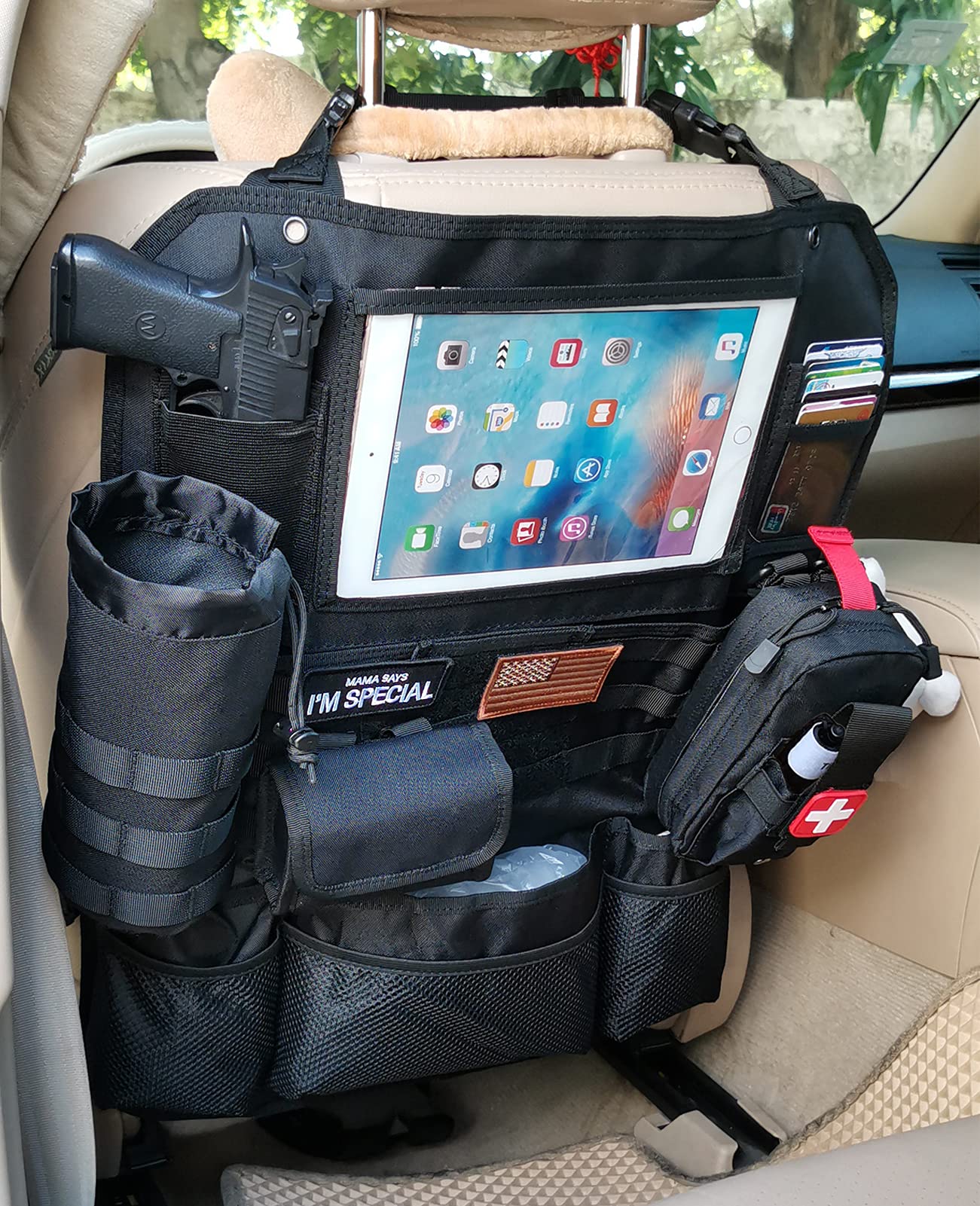 Upgrade Tactical MOLLE Car Back Seat Organizer - 14 Multi-Pockets & 4 Detachable Pouches for Trucker Hat, Medical Kit, Water Bottle & EDC Gear - Durable Vehicle Storage Solution for Camping, Road Trips & Emergency Preparedness