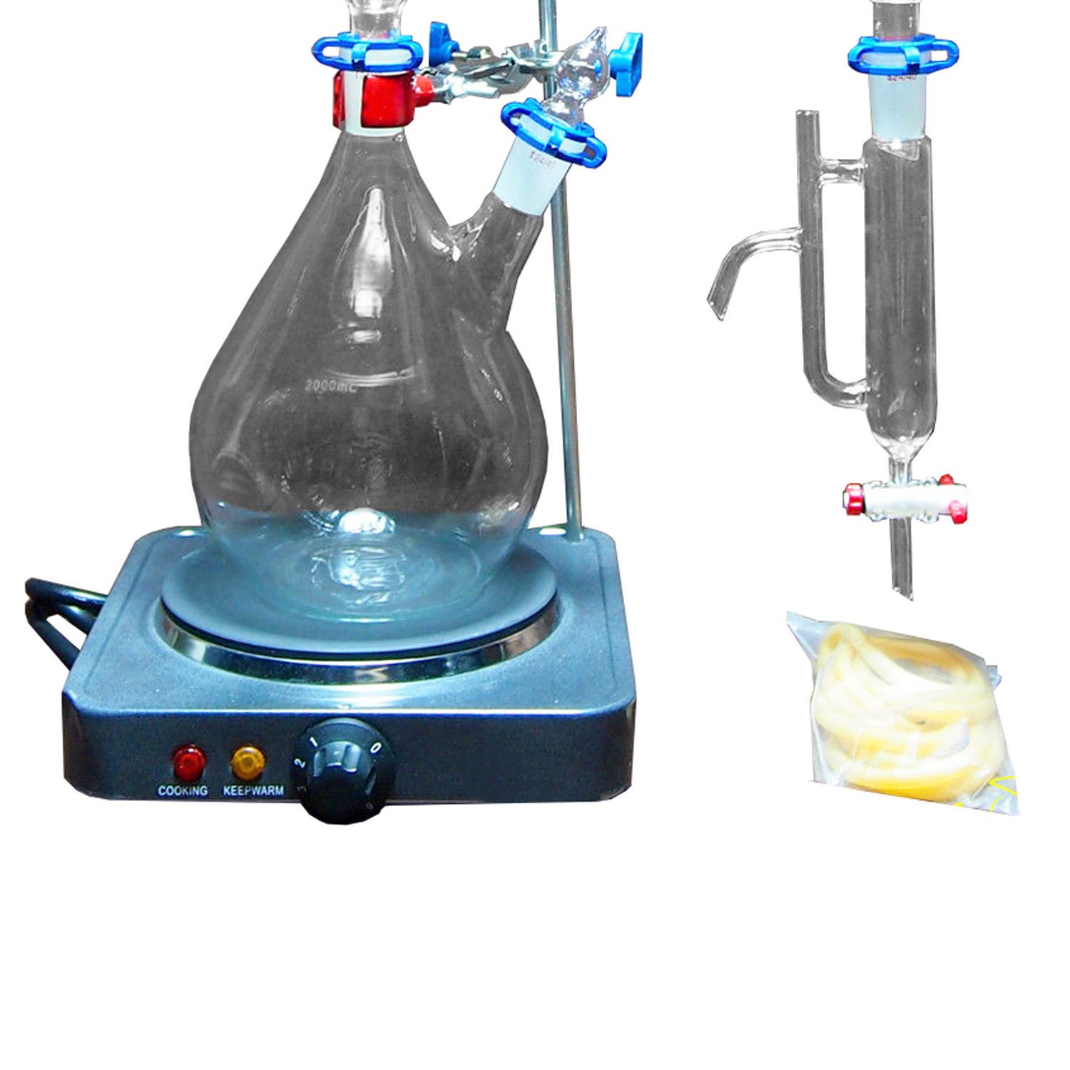 2000ml Essential Oil Distillation Kit - Glass Steam Distiller with Graham Condenser, Hot Plate & 24/40 Joints for Home Lab, Aromatherapy & DIY Perfume Making | Pure Water Distillation & Herbal Extract Preparation