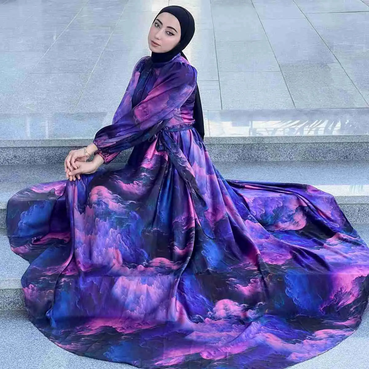 Elegant Printed Muslim Women's Satin Abaya Dress - Modest Islamic Prayer Dress for Eid, Wedding & Special Occasions
