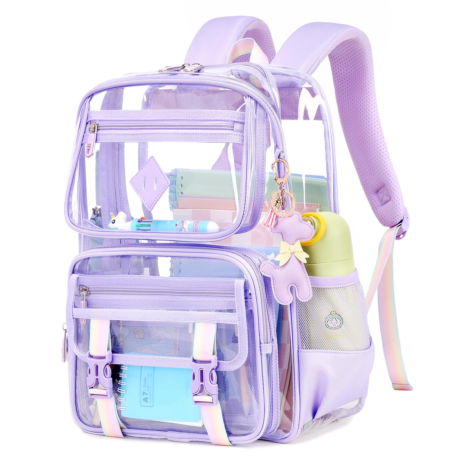 Clear Backpack for School & Travel - Heavy Duty PVC Transparent Bookbag with Multiple Pockets for Women & Teens | Waterproof See-Through Stadium Bag with Leather Pendant (Pink) - Perfect for School, Concerts, Airport Security & Theme Parks