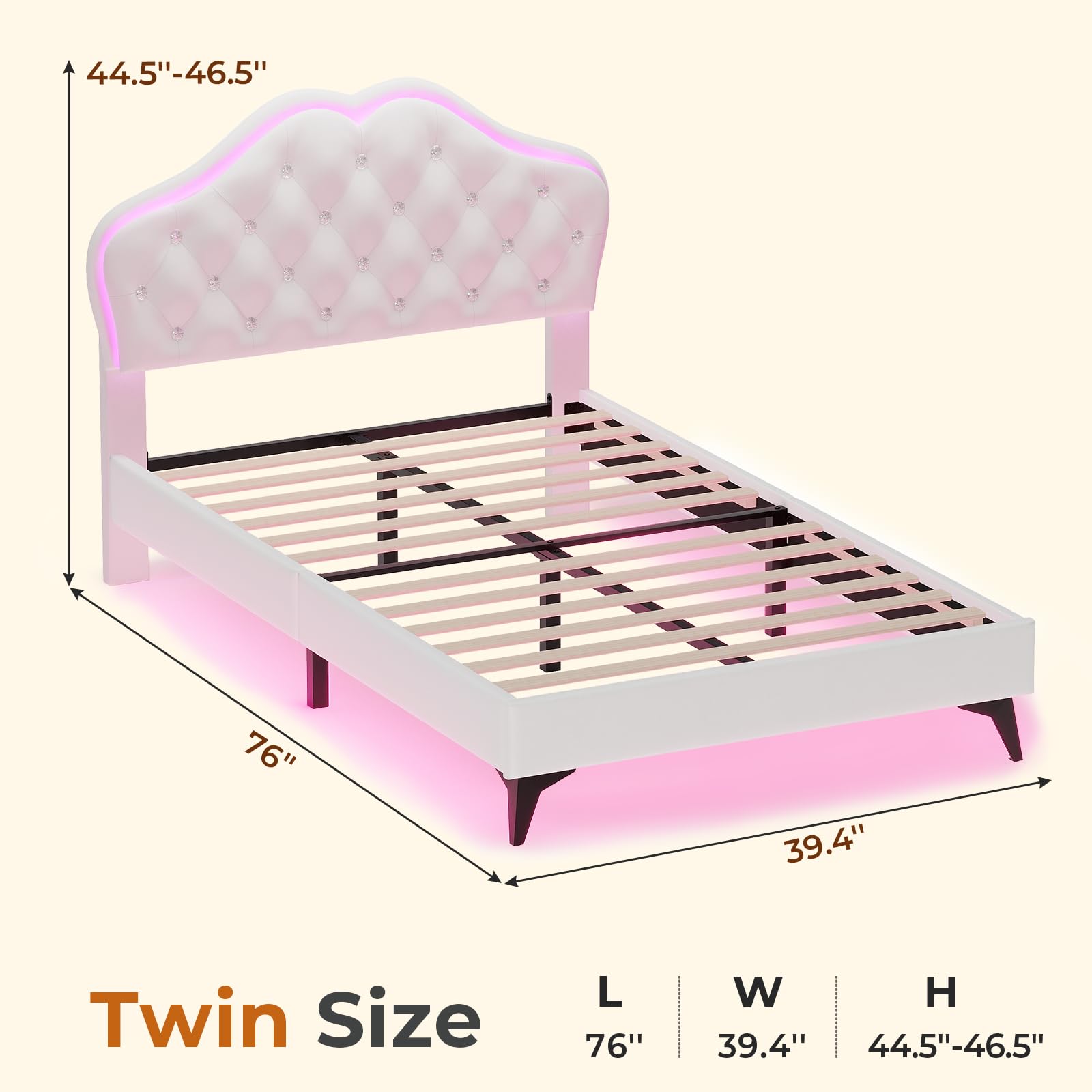 ADORNEVE Twin Bed Frame with RGB LED Lights & Adjustable Crystal Headboard - Velvet Upholstered Platform Bed for Girls with Solid Wood Slats - Easy Assembly Cream White - Perfect for Princess Themed Bedrooms & Teen Girls' Sleepovers