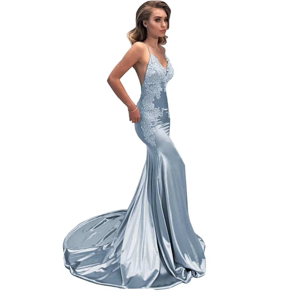 Elegant Women's Lace Applique Mermaid Prom Dress with Long Train & Open Back - Perfect for Evening Gowns, Formal Dances, Weddings & Special Occasions