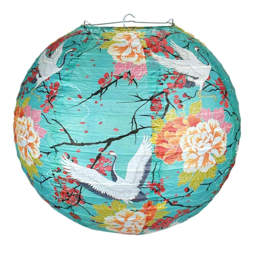 14 Inch Crane and Cherry Blossom Premium Paper Lantern - Elegant Japanese Decor for Home, Wedding & Party Lighting - PaperLanternStore.com
