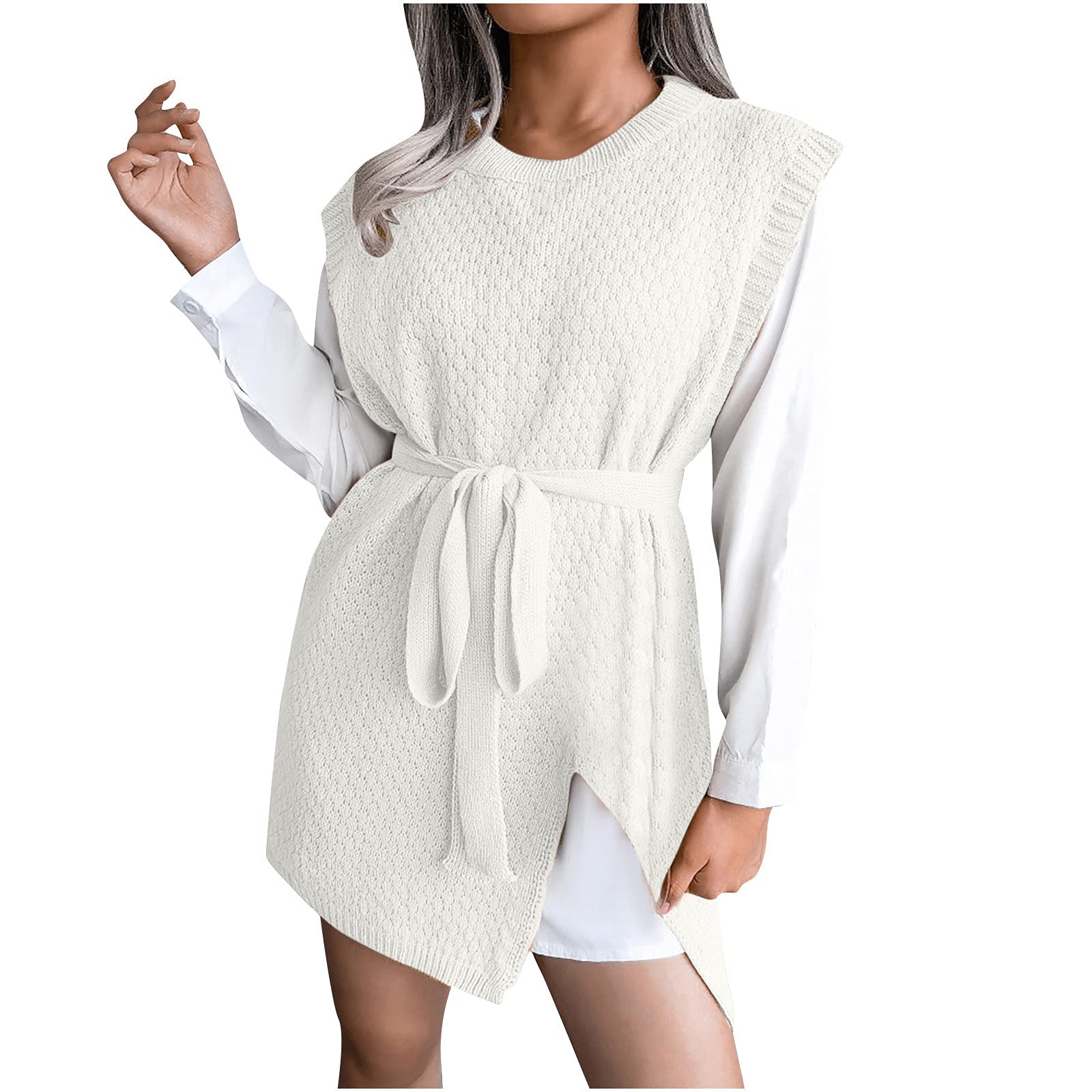 Women's Fashion Crewneck Sleeveless Knit Sweater Dress - Waffle Knit Midi Tunic Top with Belt - Casual Office Wear & Fall Layering Outfit
