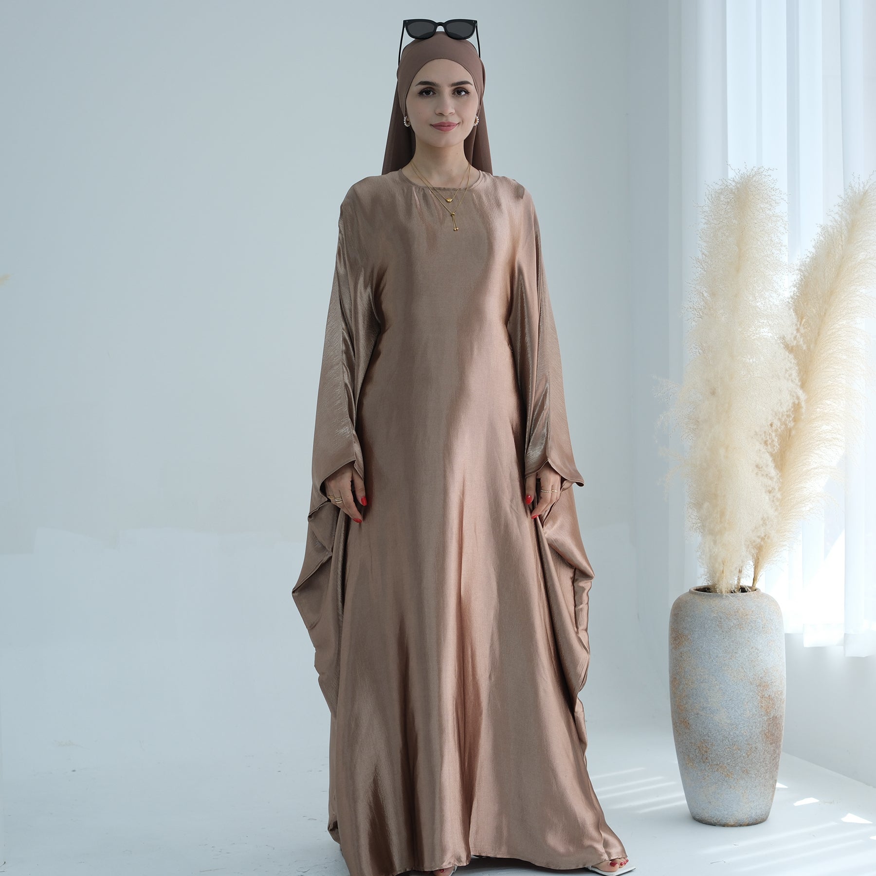 Elegant Alisha Butterfly Satin Abaya Dress for Women - Brown | Modest Islamic Prayer Dress for Mosque & Special Occasions