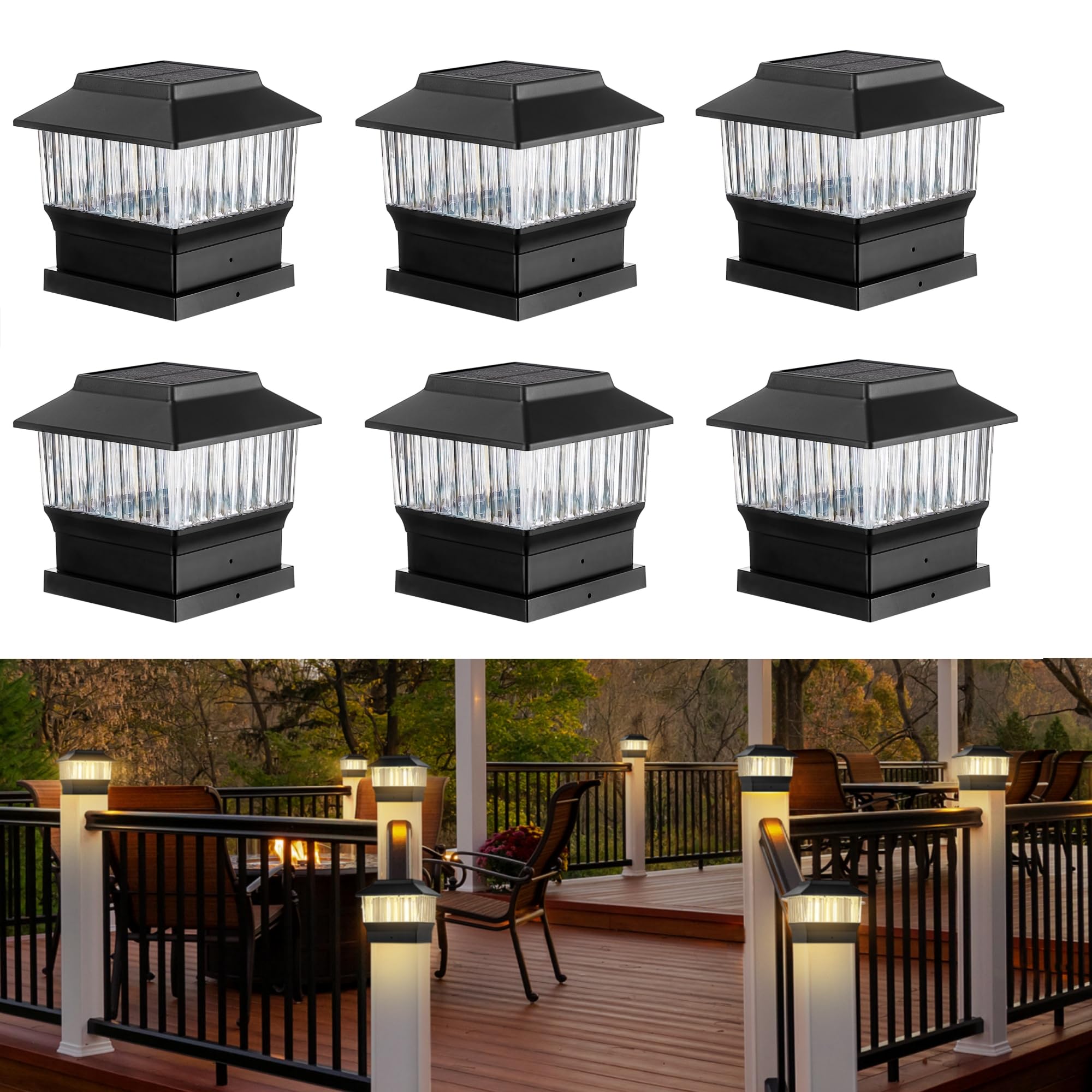 50 Lumen Solar Post Lights - 3 Modes Outdoor Deck Fence Cap Lights (4x4/3.5x3.5/4.5x4.5/5.5x5.5) - Waterproof LED Landscape Lighting for Patio, Garden & Yard Decoration (6 Pack, Black) - Perfect for Pathway, Driveway & Backyard Illumination