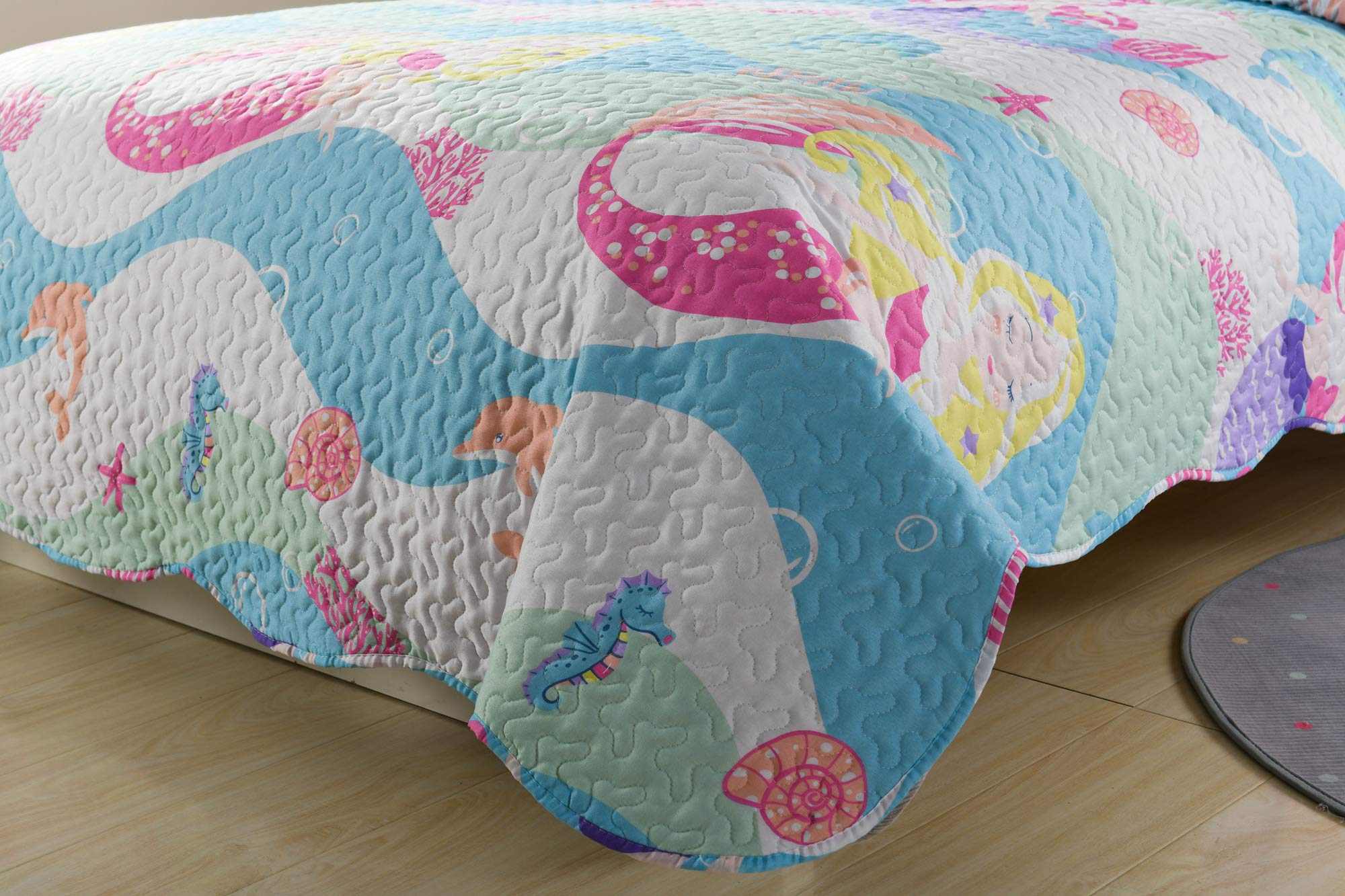 MarCielo 2/3 Piece Kids Bedspread Quilt Set - Twin Size Mermaid Printed Comforter & Throw Blanket for Boys & Girls - Soft Bedding Coverlet for Teens' Room Decor, Sleepovers, and Cozy Nap Time