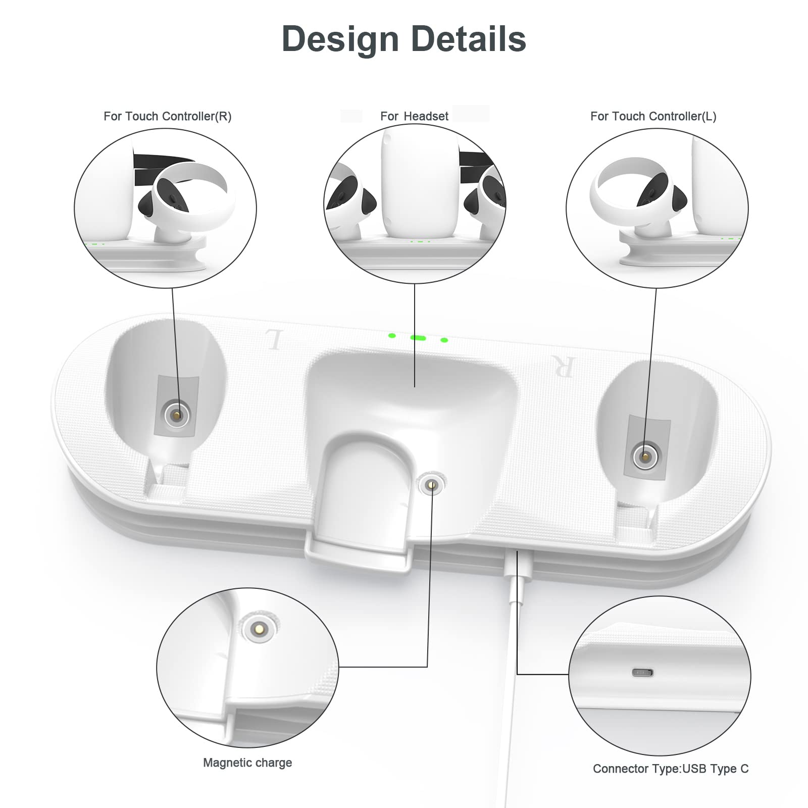 Meta/Oculus Quest 2 Charging Station with LED Light - Dual Controller Dock & Rechargeable Batteries - Magnetic Cable (Compatible with Elite Strap) - Perfect for VR Gaming Setup & Headset Storage