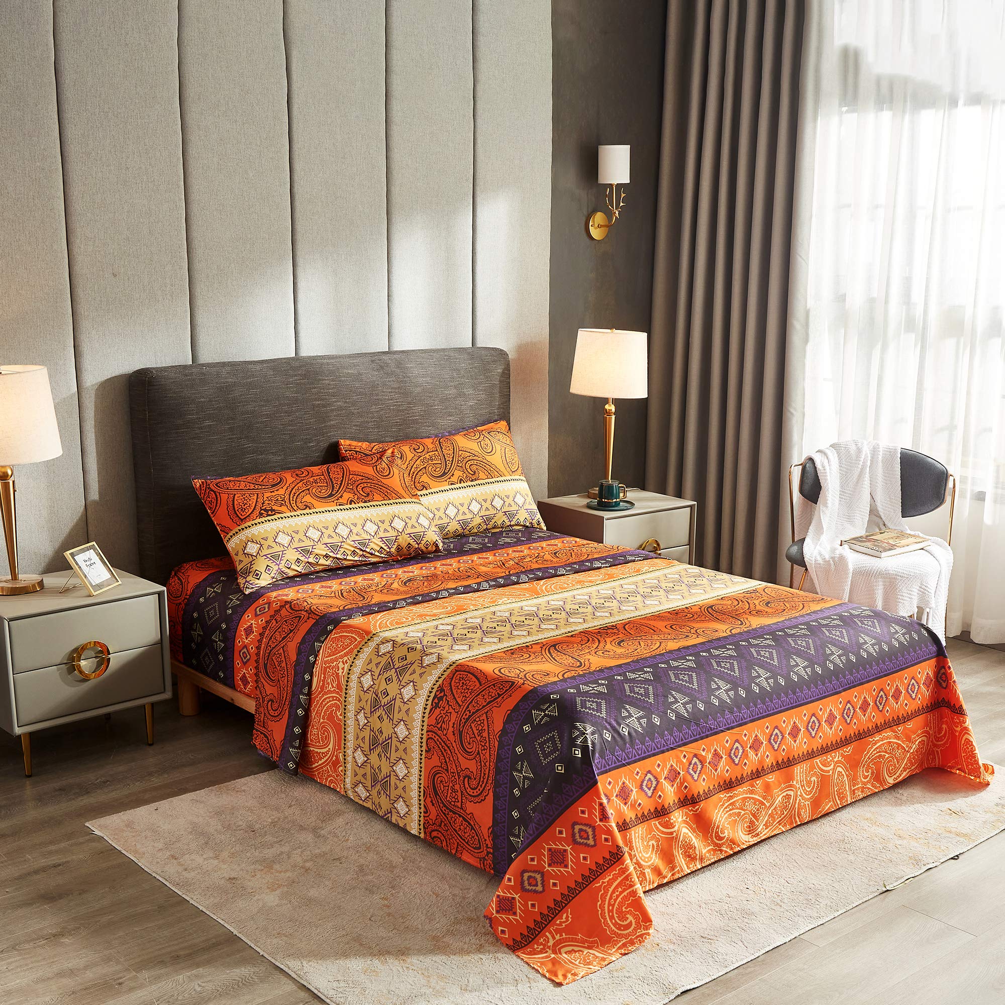 Bohemian Geometric Print 4-Piece Queen Bed Sheet Set - 1 Flat Sheet, 1 Fitted Sheet with Deep Pockets & 2 Pillowcases - Soft Breathable Bedding for Home, Hotel, Dorm Room Decor