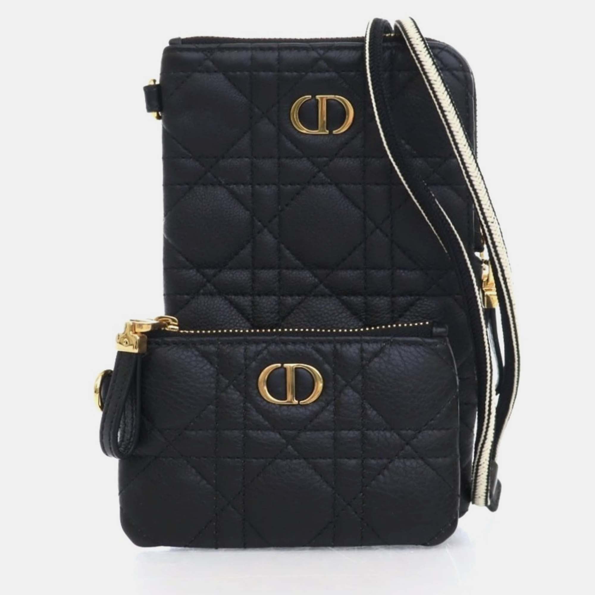 Luxury Black Calfskin Cannage Caro Multifunctional Pouch - Fashionable Crossbody Bag for Women, Perfect for Travel, Work & Evening Events