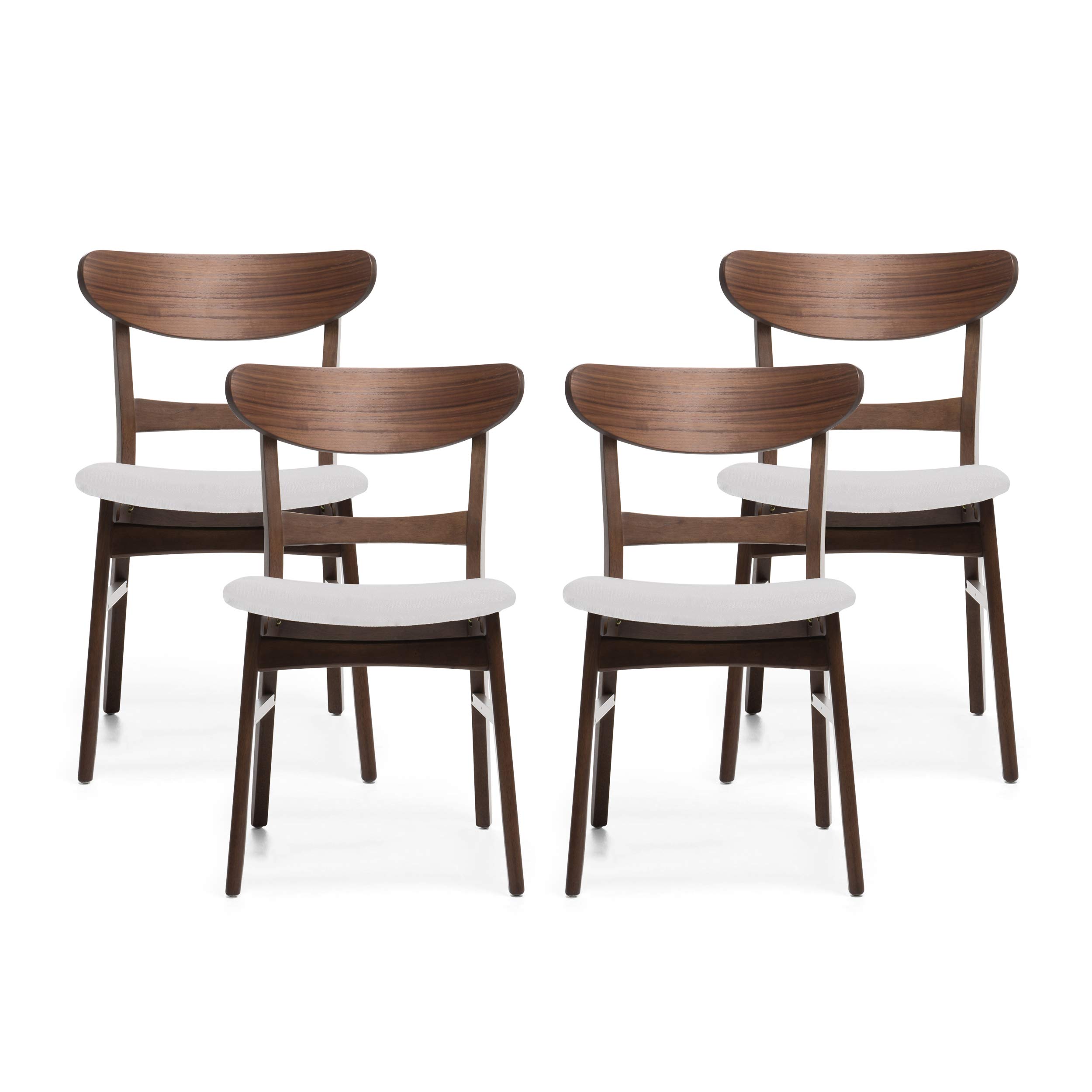 Christopher Knight Home Helen Mid-Century Modern Dining Chairs, Set of 4 - Light Beige Polyester Upholstery with Walnut Rubberwood Frame - Perfect for Dining Room, Kitchen, or Breakfast Nook