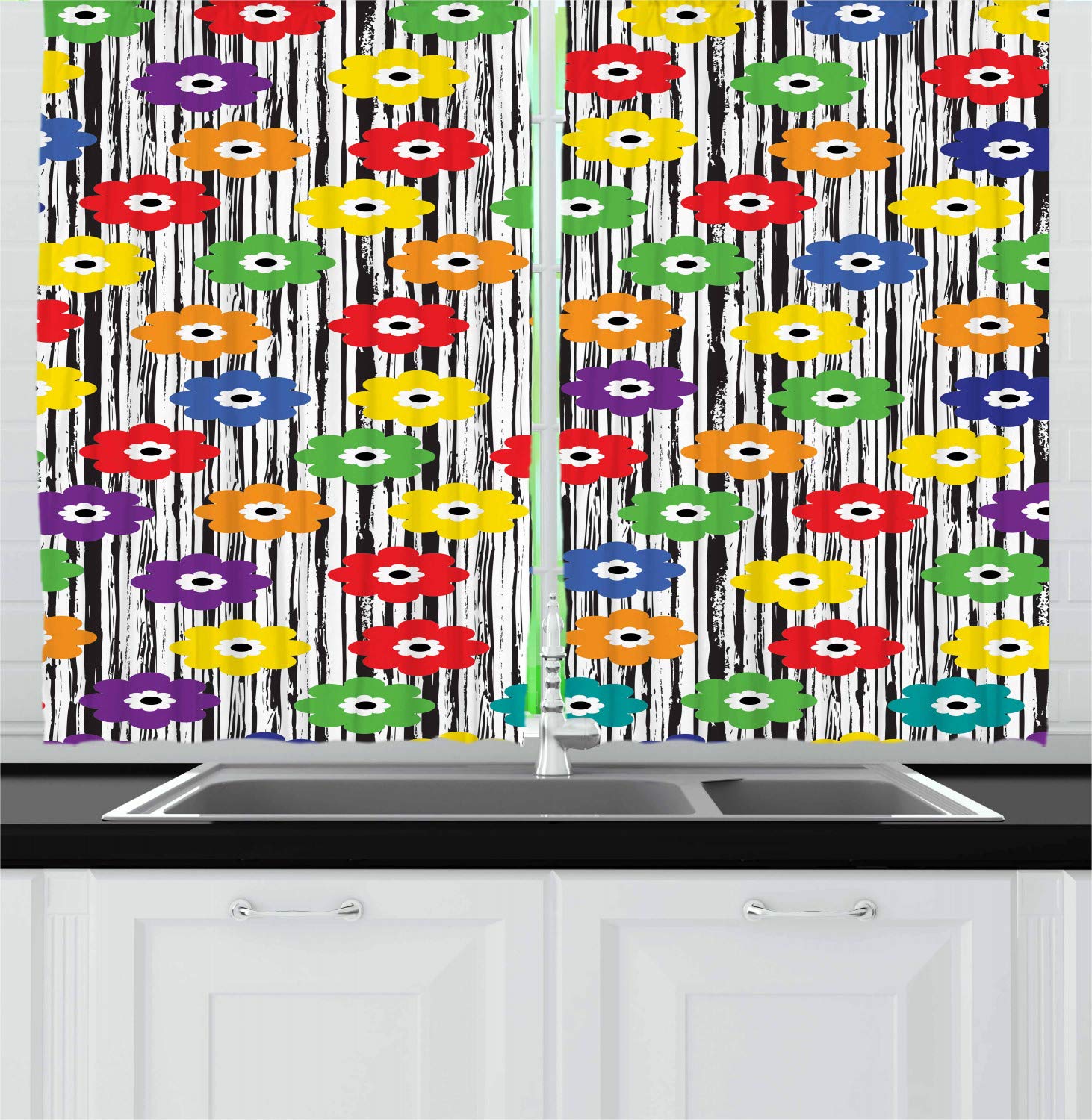 Ambesonne Colorful Kitchen Curtains - Vivid Summer Petals on Hand-Painted Grunge Stripes, 2-Panel Window Drapes for Kitchen & Cafe Decor, 55x39 Inches, Charcoal Grey & White - Perfect for Farmhouse, Boho & Vintage Style Homes