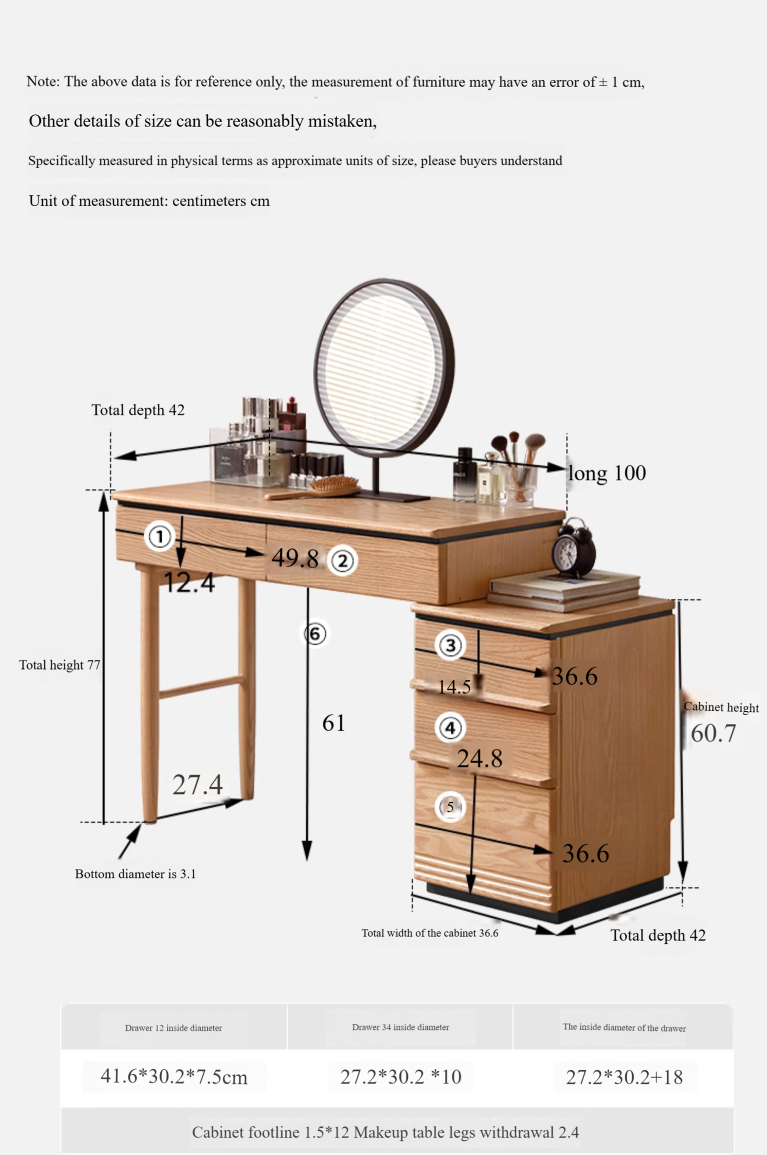 Modern Oak Solid Wood Retractable Dressing Table - Vanity Makeup Desk with Mirror for Bedroom & Home Decor