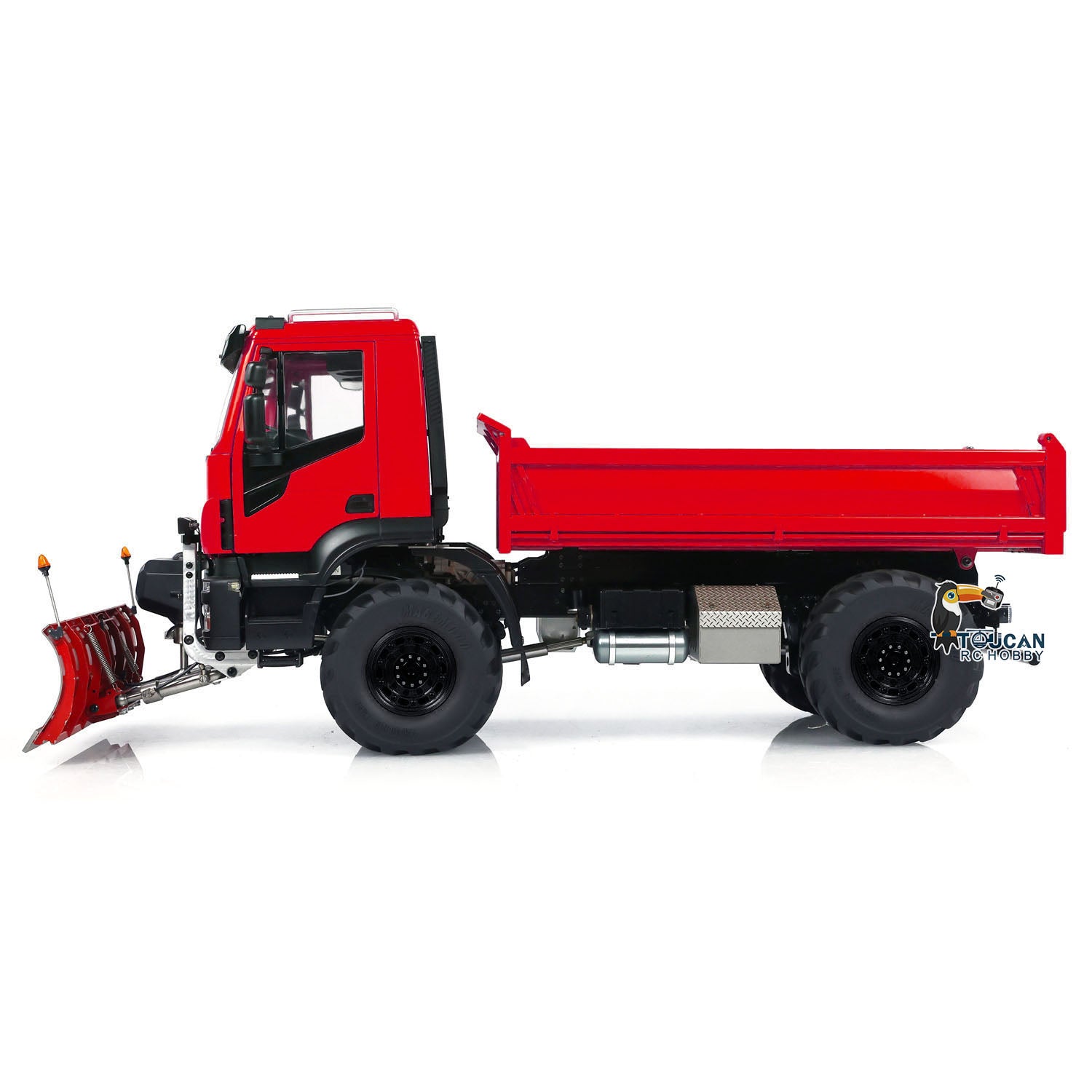 1/14 Scale 4x4 Metal RC Hydraulic Dump Truck with Remote Control - Snow Plow & Tipper Function, FlySky ST8 Controller, LED Lights & Sound Effects - Perfect for Construction Play, Winter Snow Removal & Off-Road Adventure