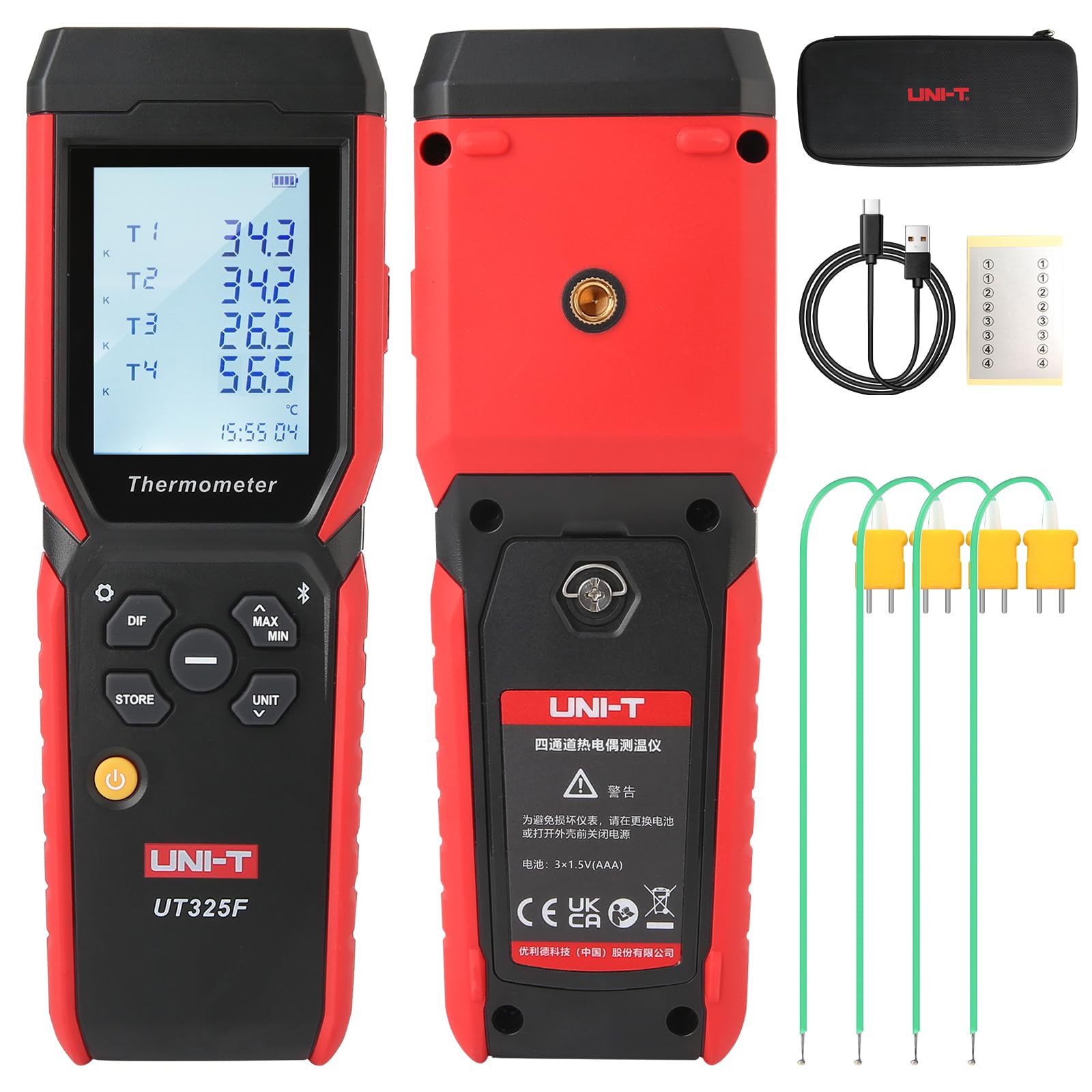 UNI-T UT325F 4-Channel Digital Thermometer with Bluetooth - K/J/T/E/R/S/N Type Thermocouple Tester & Temperature Data Logger for Industrial, HVAC, and Laboratory Use