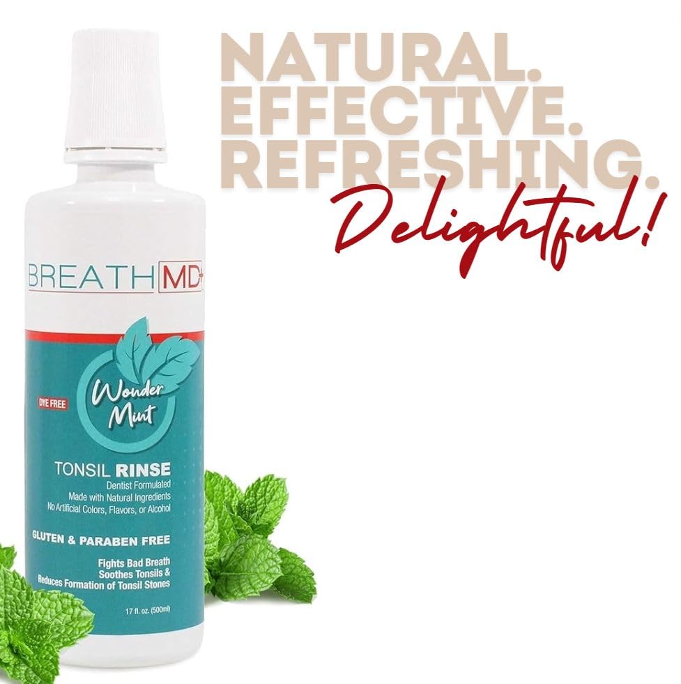 Natural Tonsil Stone Remover & Bad Breath Treatment Mouthwash - Dentist Formulated, Alcohol-Free, Dye-Free, Gluten-Free - Wonder Mint Flavor - Made in USA - Freshens Breath & Prevents Tonsil Stones for Daily Oral Care