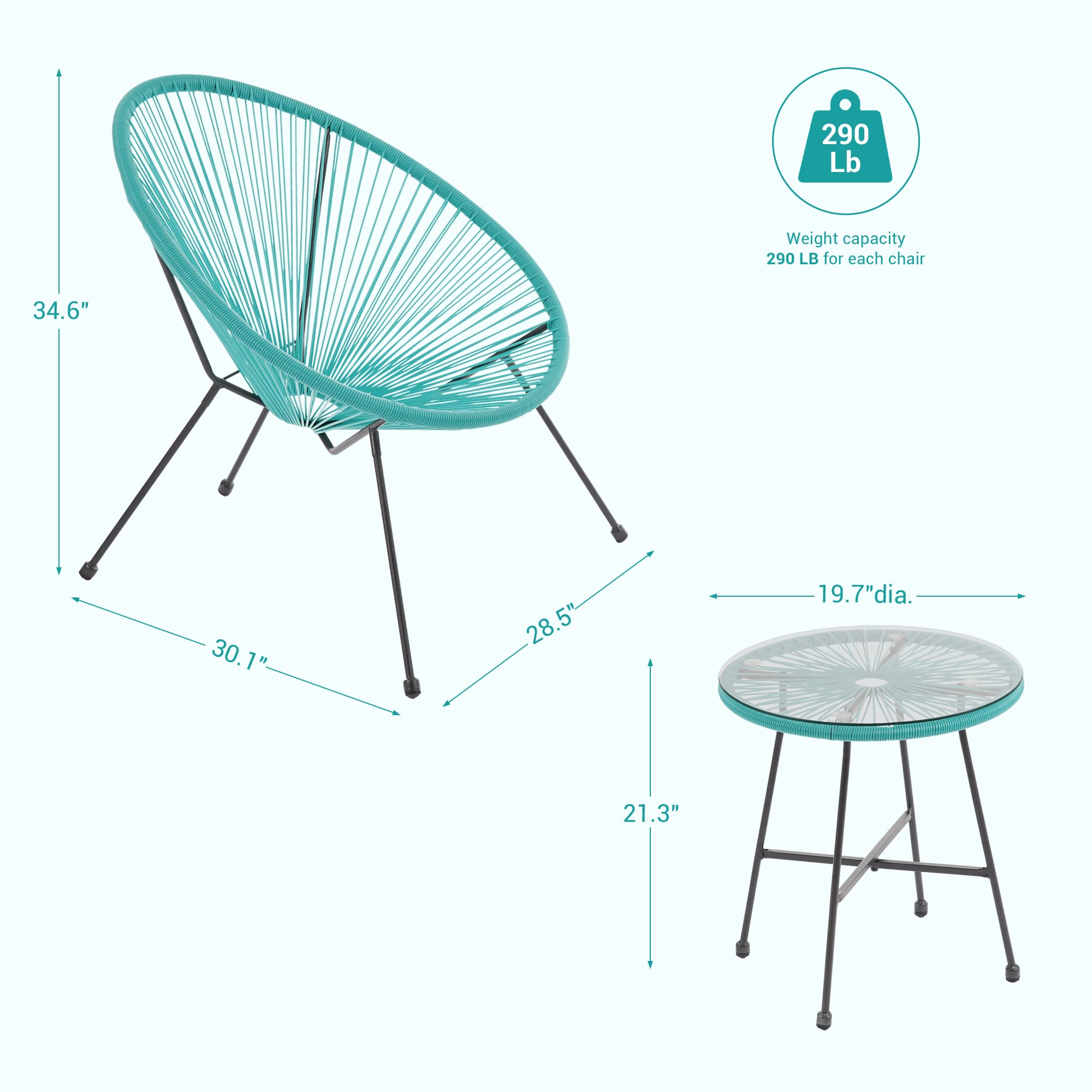 3-Piece Acapulco Patio Furniture Set with Glass Top Table & 2 Chairs - Indoor/Outdoor Seating in Lake Blue - Perfect for Poolside, Garden, and Backyard Relaxation
