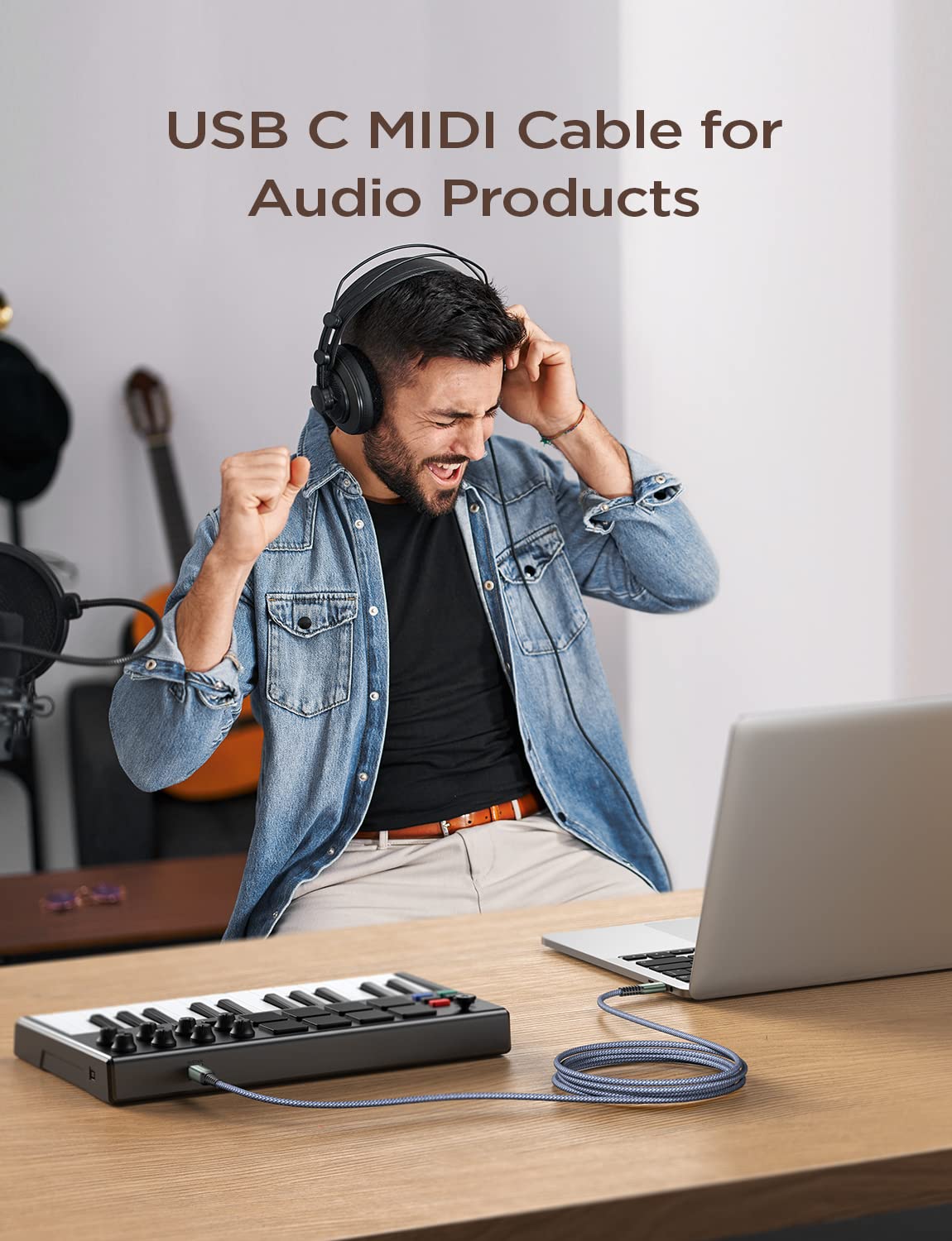 AINOPE 6.6FT USB B to USB C Printer Cable - High Speed USB 2.0 MIDI Cable with Nylon Braiding - Compatible with Yamaha, Casio Digital Piano, MIDI Keyboard, HP, Brother, Canon Printers - Perfect for Home Studio, Office & Music Production