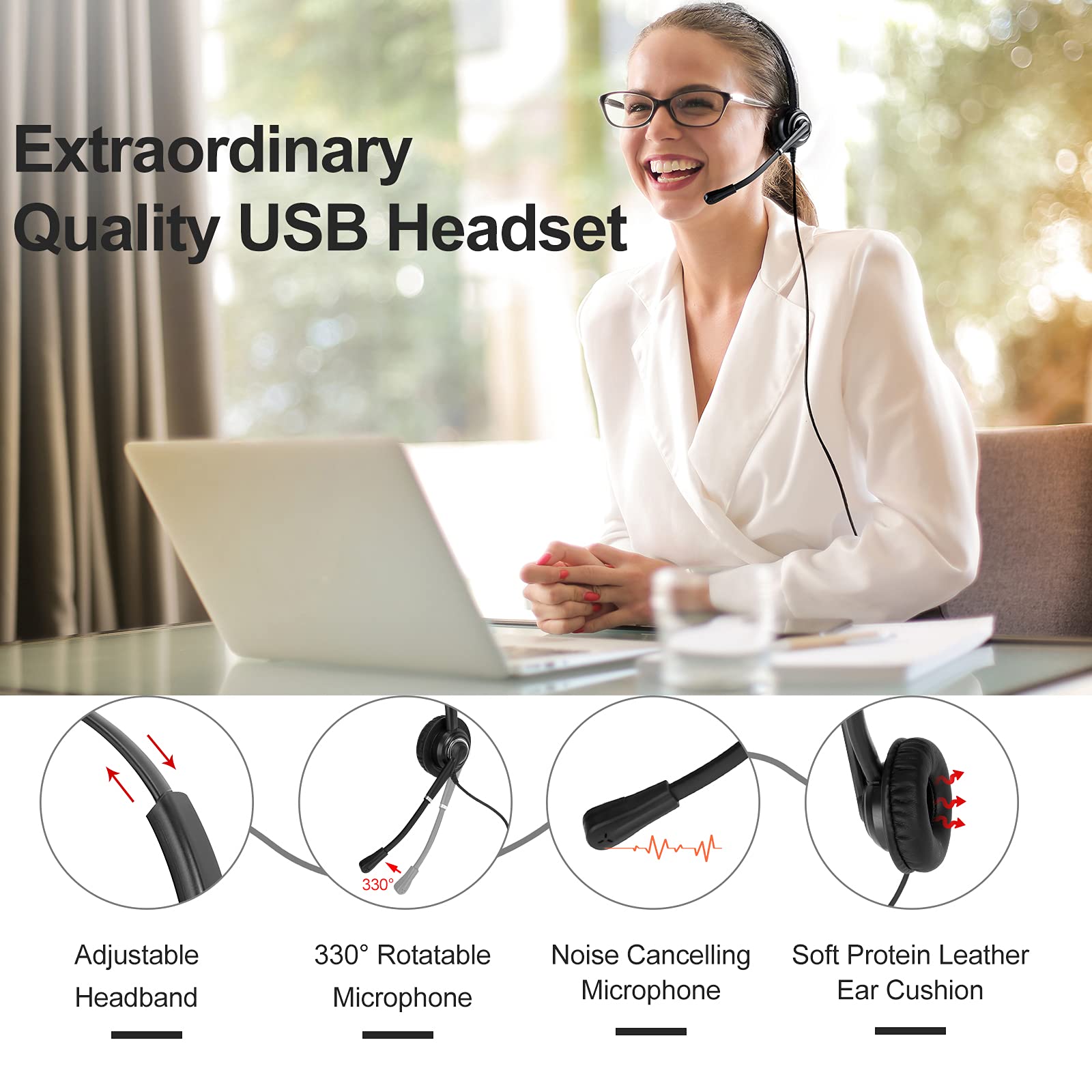 Emaiker USB Headset with Noise Cancelling Microphone - Comfortable Office Headphones for PC, Mac, Laptop - Perfect for Call Center, Skype, Zoom Meetings, Teams, Dragon Dictation & Remote Work from Home - Ideal for Online Classes, Webinars & Customer Service