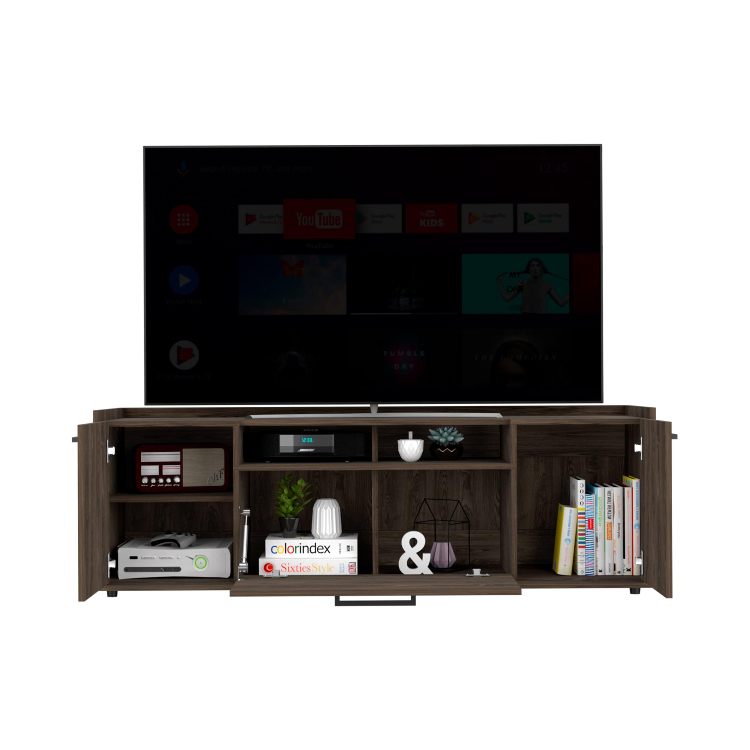 Tuhome Lyon TV Stand for TVs up to 55 Inches with One Cabinet and Double Doors in Dark Walnut - Perfect for Living Room, Bedroom, or Home Theater Setup