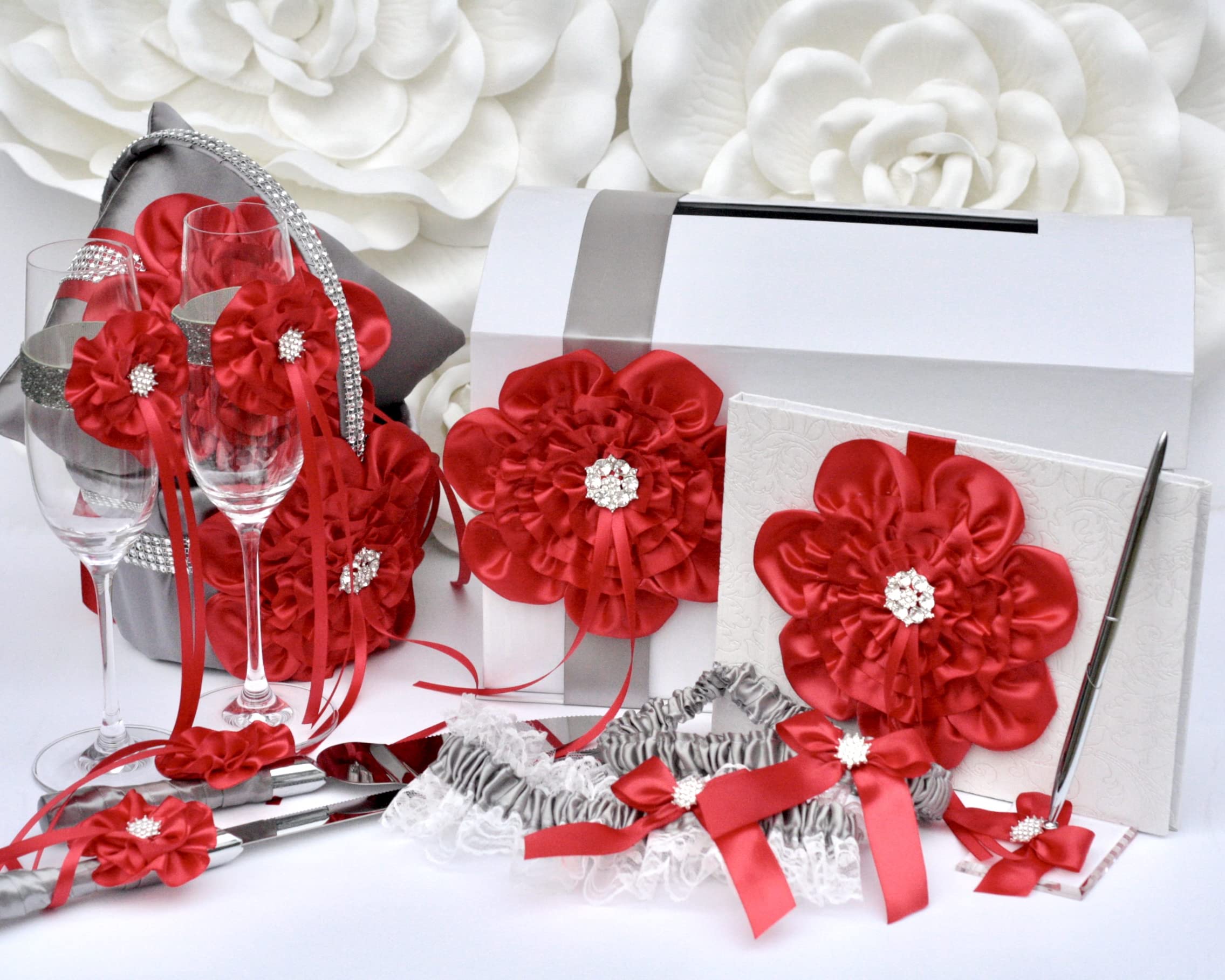 Elegant Gray and Red Wedding Accessories Set - Perfect for Wedding Decorations, Bridal Shower & Reception Decor - Ideal for Romantic Weddings, Anniversary Parties & Special Events