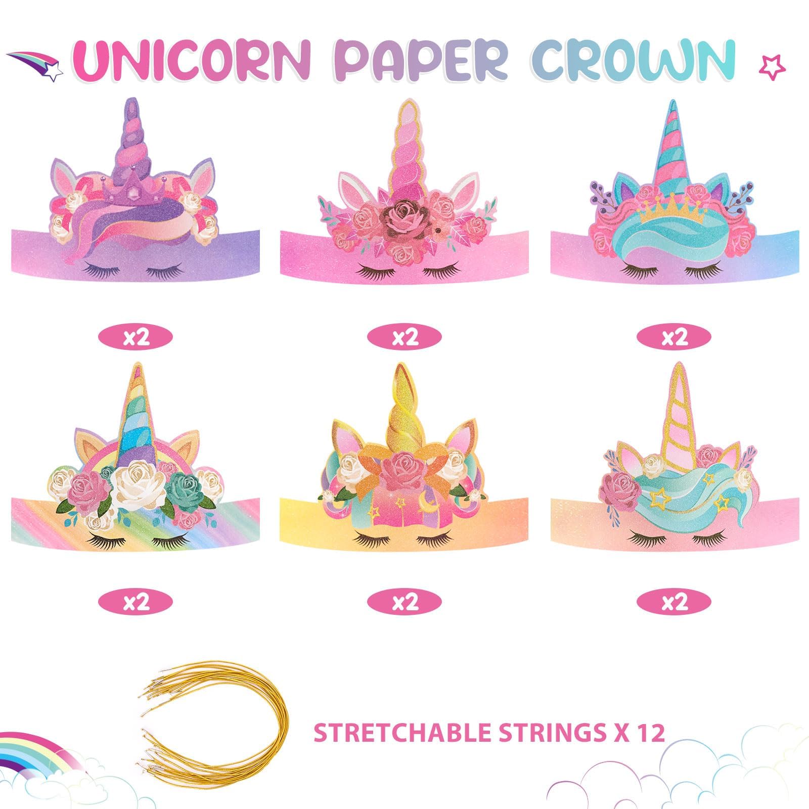WERNNSAI 12-Pack Unicorn Party Crowns for Kids - Glitter Paper Princess Tiara Headbands, Birthday Party Decorations, Classroom Supplies & Costume Accessories | Perfect for Unicorn Themed Parties, Dress-Up Play & School Events