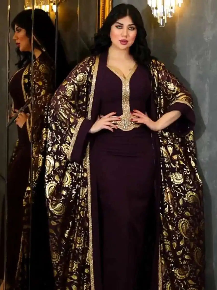 Elegant 2-Piece Muslim Women's Eid Caftan Dress Set with Inner Sleeveless Dress - Perfect for Eid Celebrations, Weddings & Special Occasions