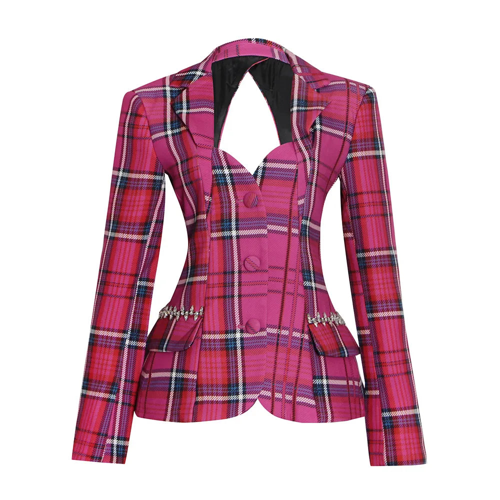 Elegant Backless Diamond Slim Blazer for Women - Notched Collar Long Sleeve Minimalist Jacket | Perfect for Office Wear, Evening Parties & Formal Events