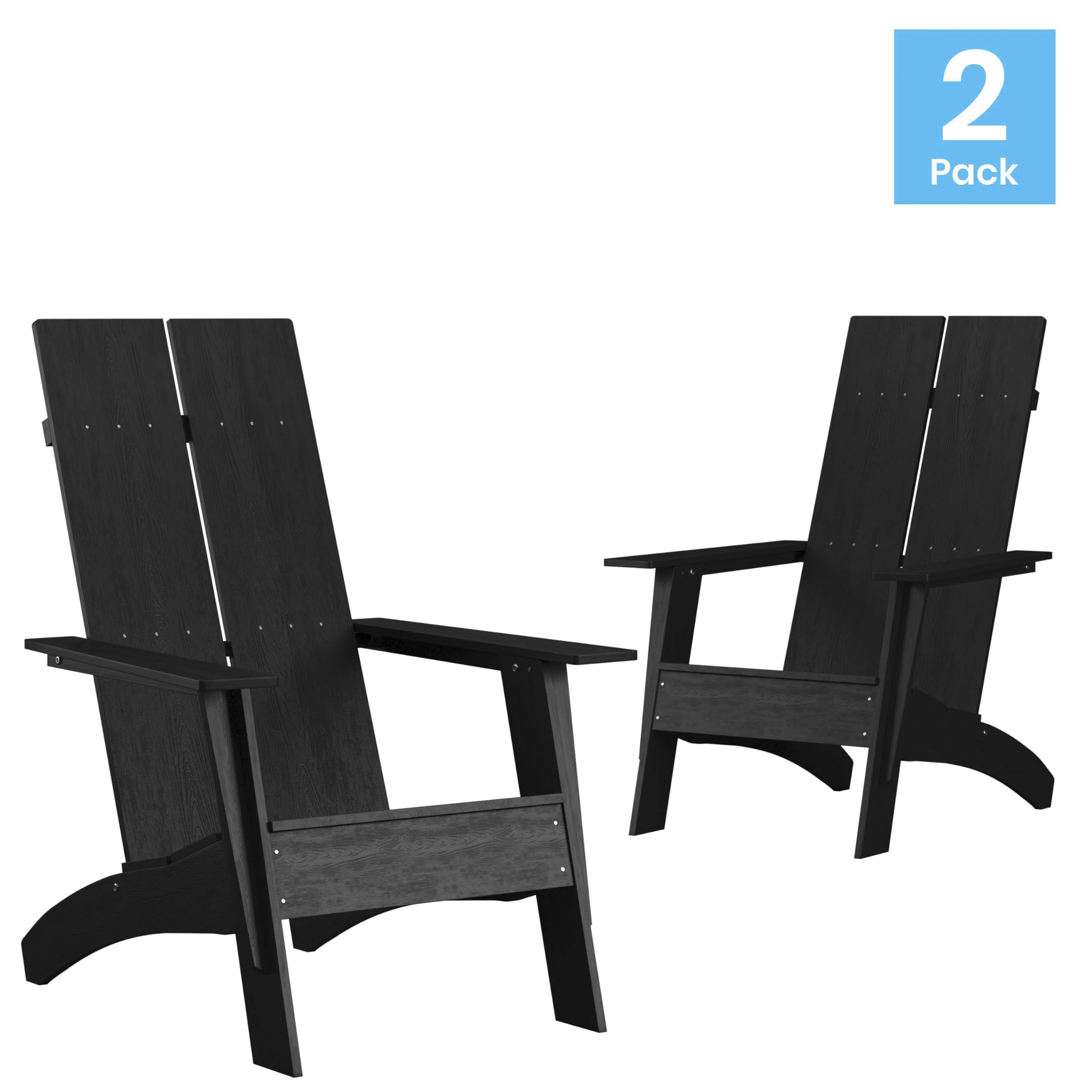 EMMA + OLIVER Set of 2 Black Modern Dual Slat Back Adirondack Chairs for Patio, Garden, Poolside & Indoor Use - Weather-Resistant Outdoor Furniture