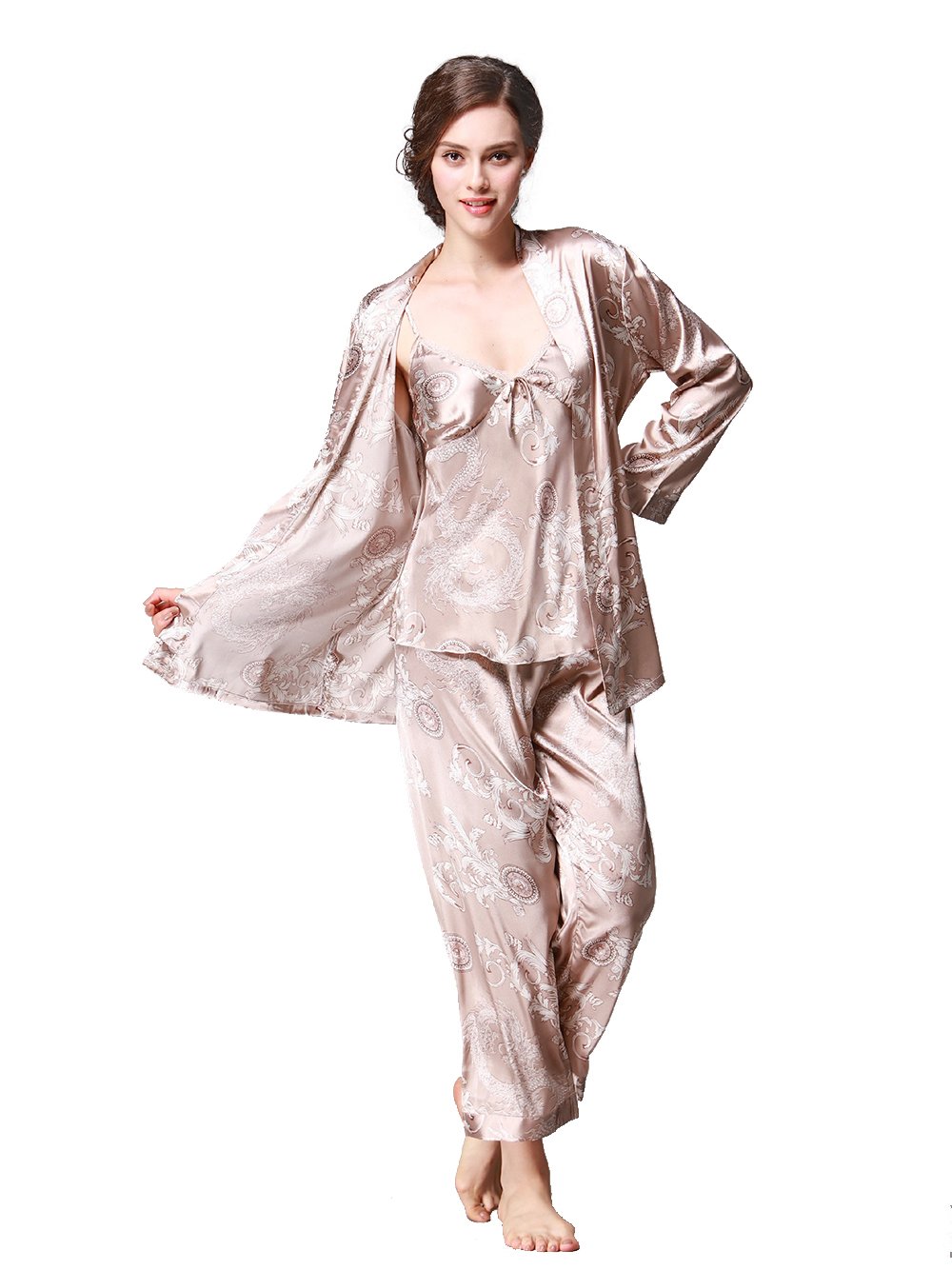 Baress Women's Satin 3-Piece Pajama Set - Long Sleeve Nightwear with Pants | Soft Sleepwear for Lounge, Travel & Gift Giving