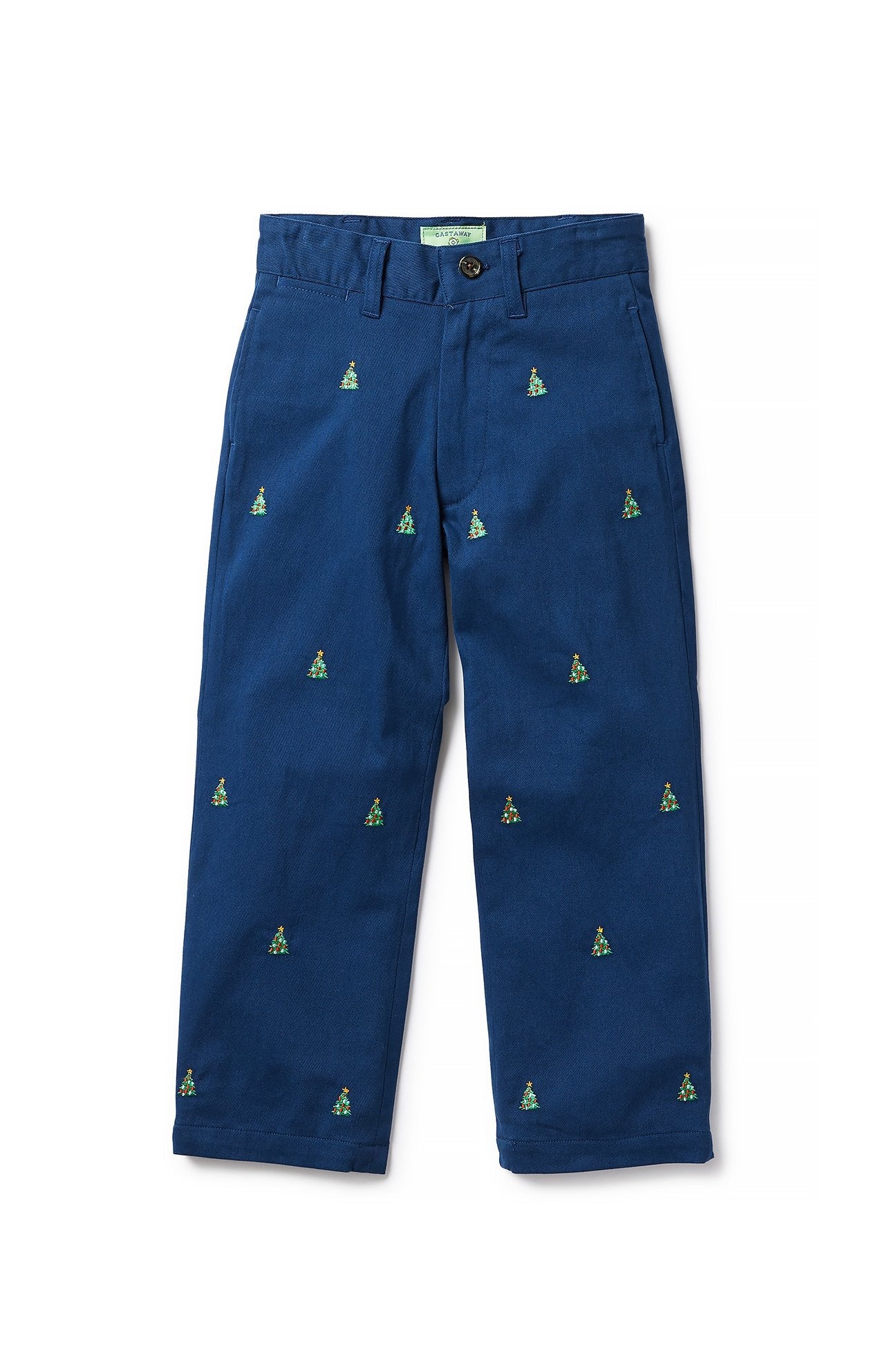 Boys Stretch Twill Port Pant in Nantucket Navy with Christmas Tree Design - Perfect for Holiday Parties & School Events