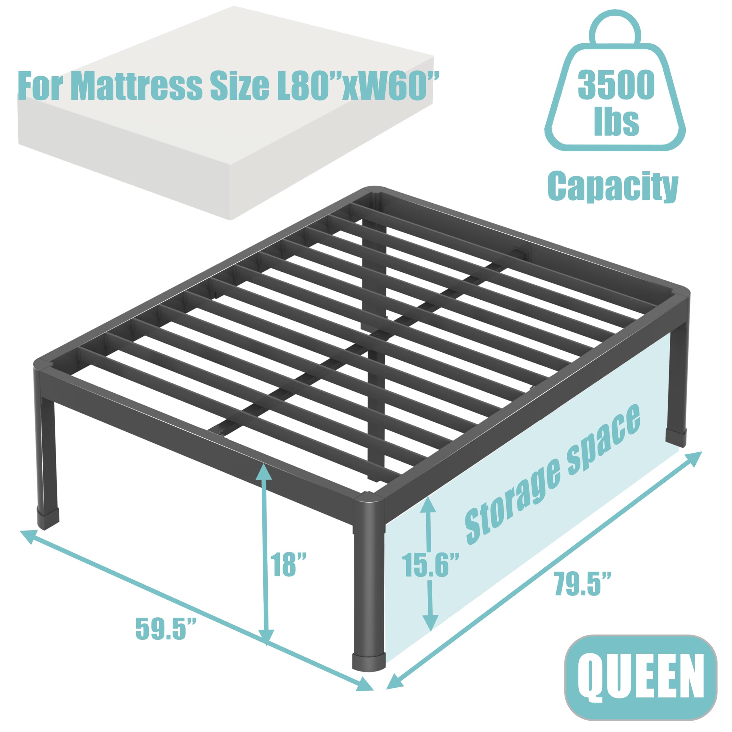 18 Inch Heavy Duty Queen Bed Frame with Round Corner Edge Legs - 3500 lbs Capacity, Steel Slats Support, No Box Spring Needed, Noise Free & Non-Slip - Perfect for Master Bedrooms, Guest Rooms & Small Spaces
