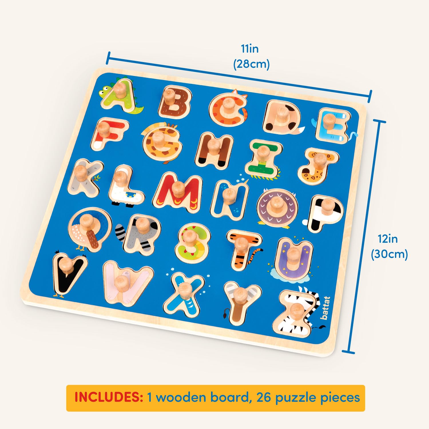 Battat Wooden ABC Peg Puzzle for Toddlers - Educational Wooden Toys for Kids Ages 2+ - Alphabet Learning Puzzle with Animal Critters - Perfect for Preschool Learning & Early Childhood Development