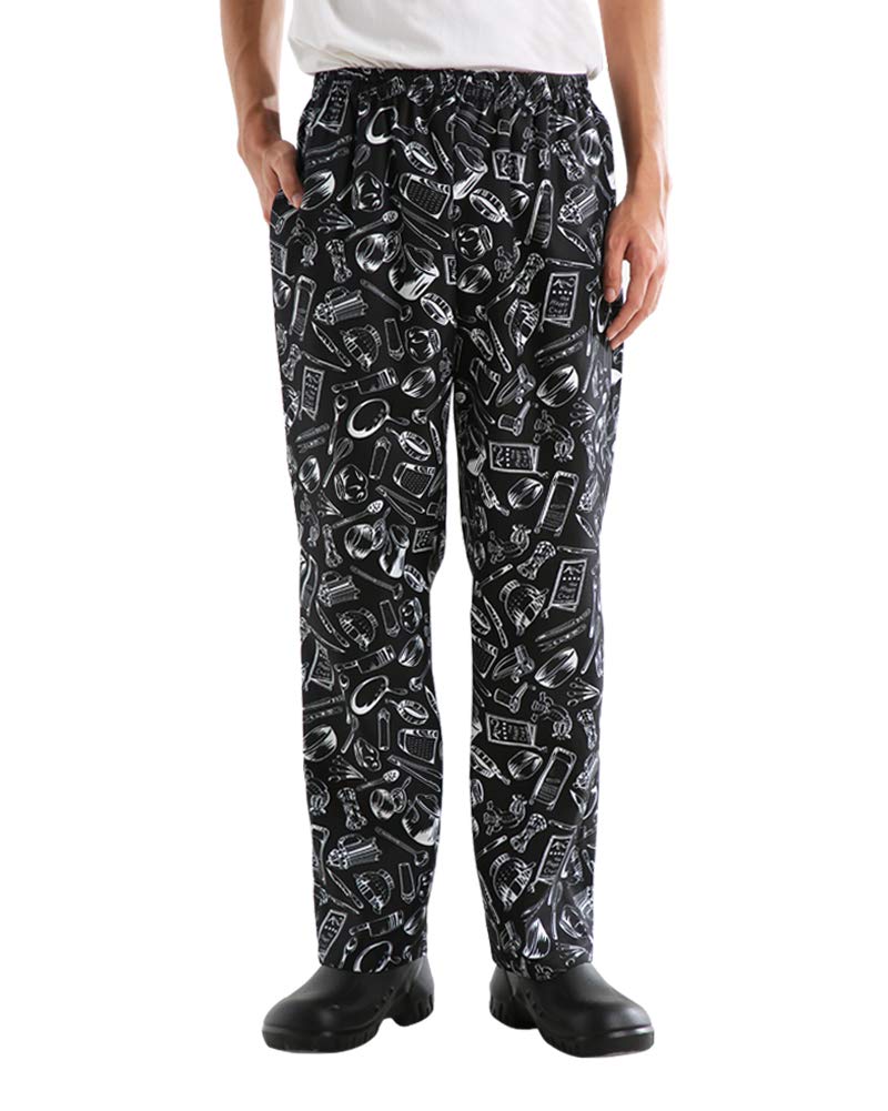 Unisex Baggy Printed Chef Pants - Elastic Waist Floral Restaurant Work Pants for Men & Women - Comfortable Kitchen Uniforms for Cooking, Baking & Professional Culinary Work