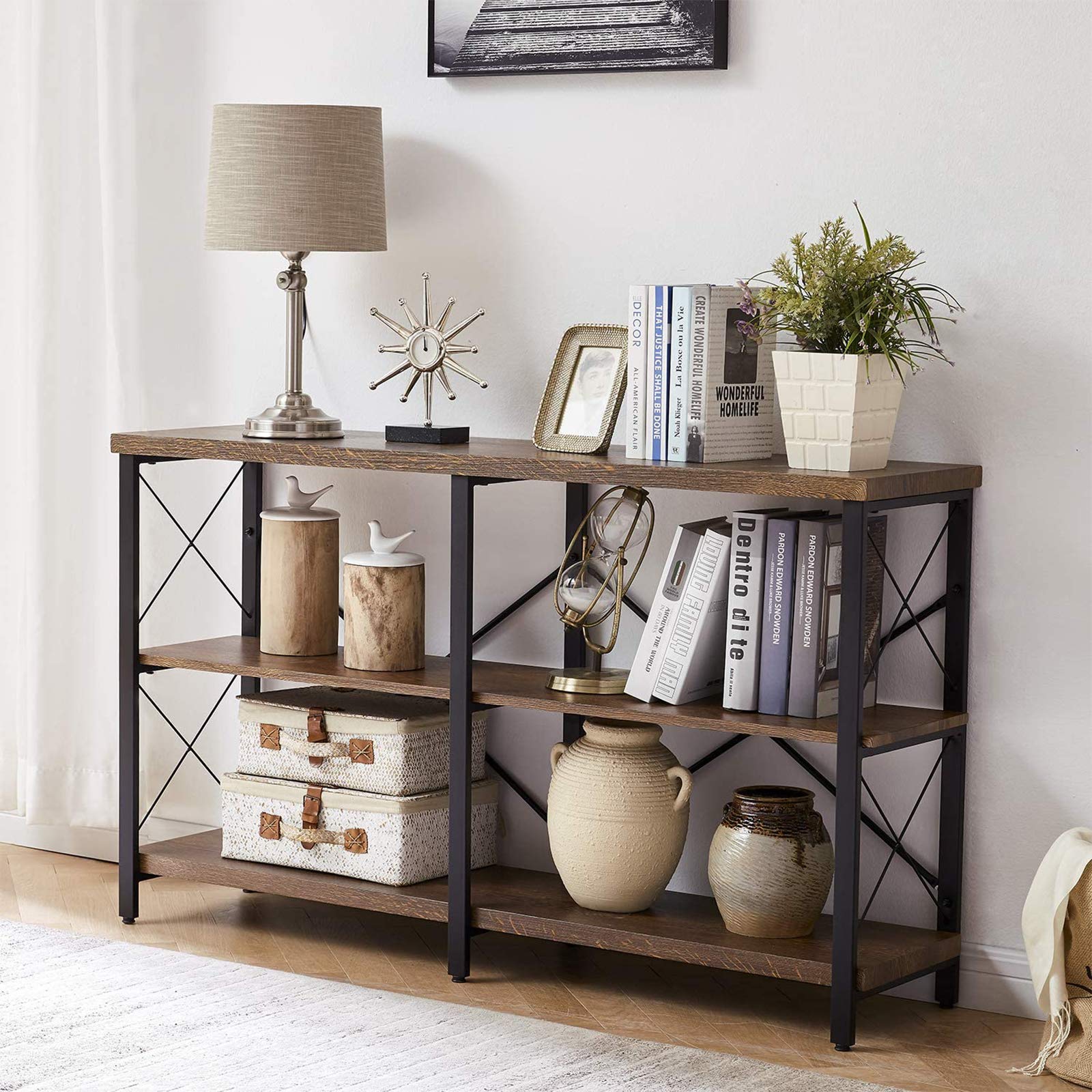 Industrial Sofa Table & Console Table - 3-Tier Rustic Entryway Table for Hallway, Living Room | Easy Assembly French Oak Brown | Perfect for Small Spaces & Home Decor