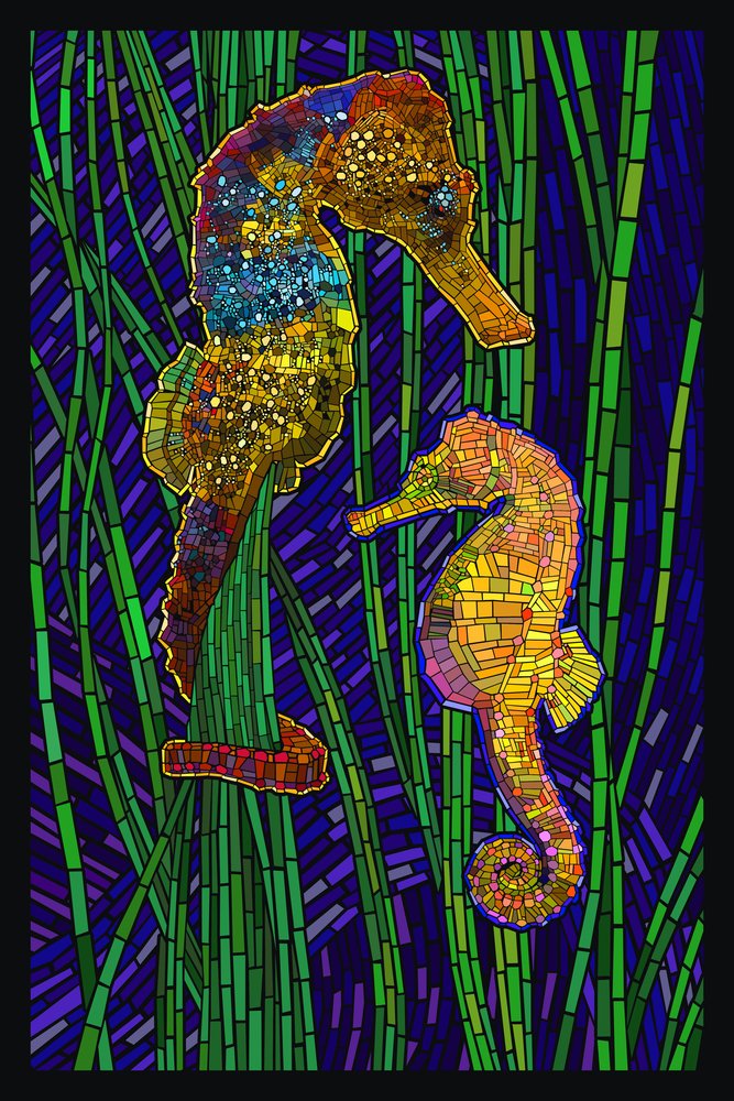 Seahorses Paper Mosaic 49866 - 24x36 Signed Art Print, Premium Wall Decor Poster for Living Room, Bedroom & Office | Vintage Nautical Home Decor