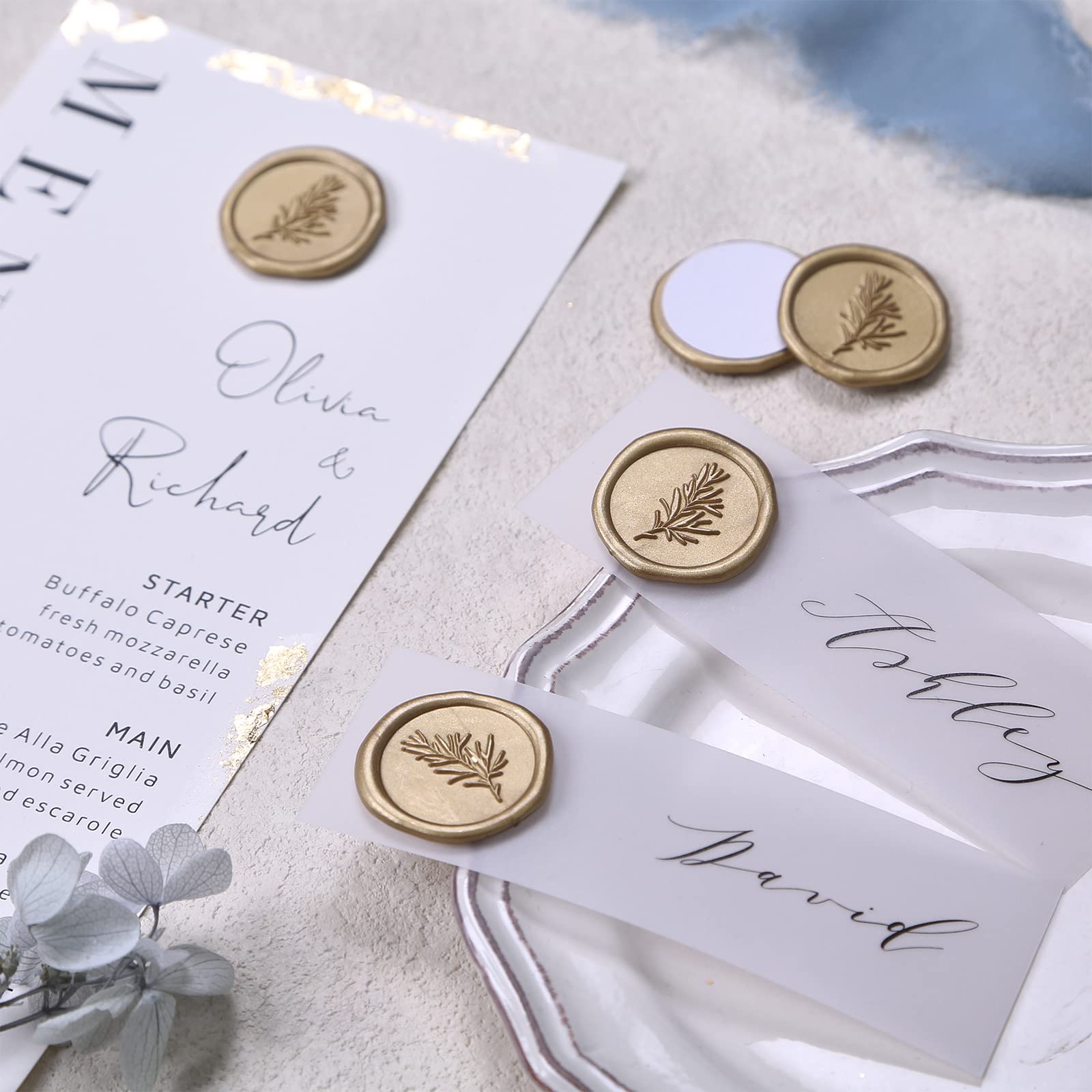 UNIQOOO Wax Seal Stickers - 100 Pcs Self-Adhesive Metallic Light Gold Wedding Invitation Seals, Elegant Rosemary Design for Envelopes, Gifts, Christmas Wrapping & DIY Crafts | Perfect for Weddings, Parties, Stationery & Scrapbooking Projects