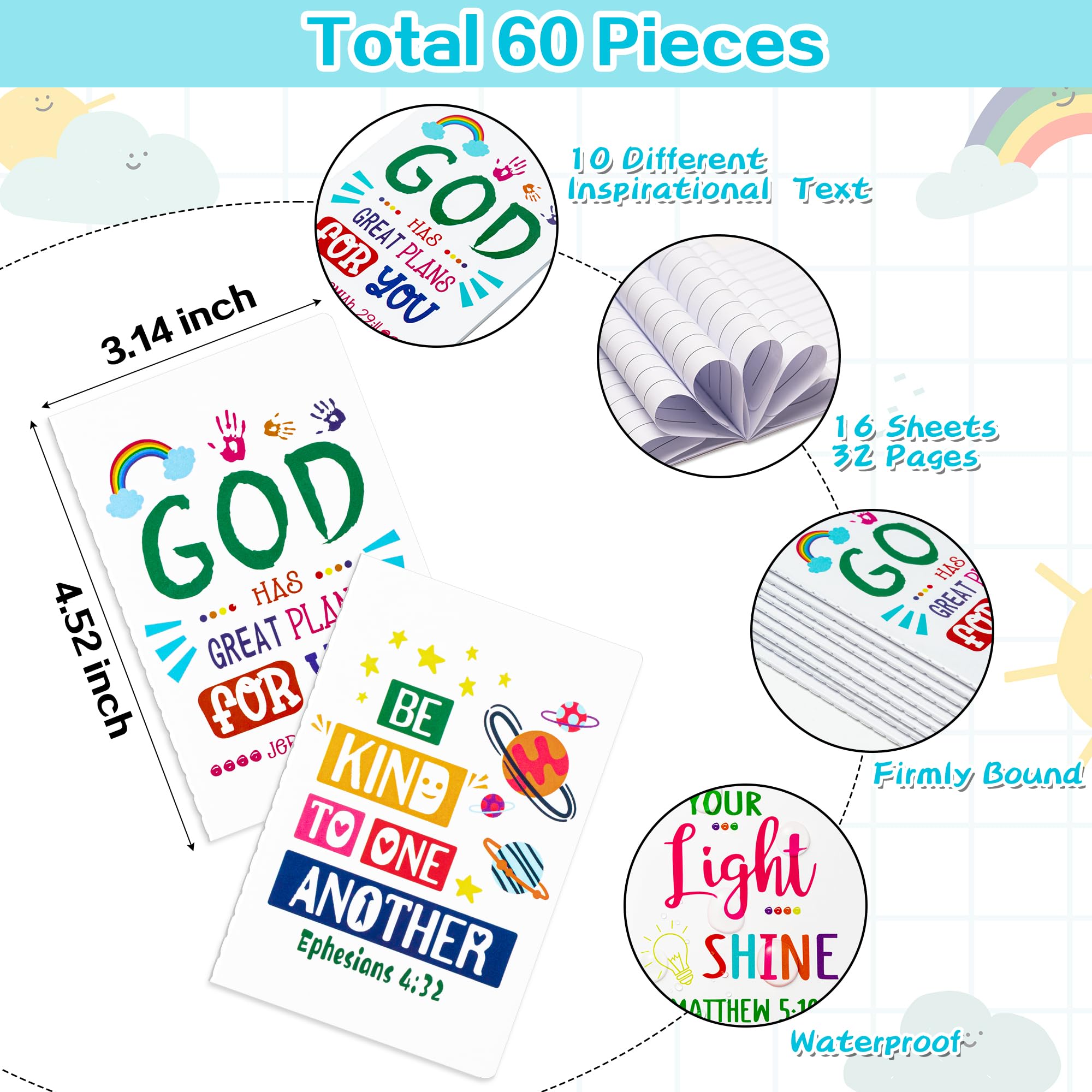 60Pcs Bible Verse Notepads for Kids - Colorful Christian Prayer Journals with Inspirational Scripture Quotes, Mini Pocket Notebooks for School, Office & Home Use - Perfect for Daily Devotion, Gift Giving & Faith-Based Activities