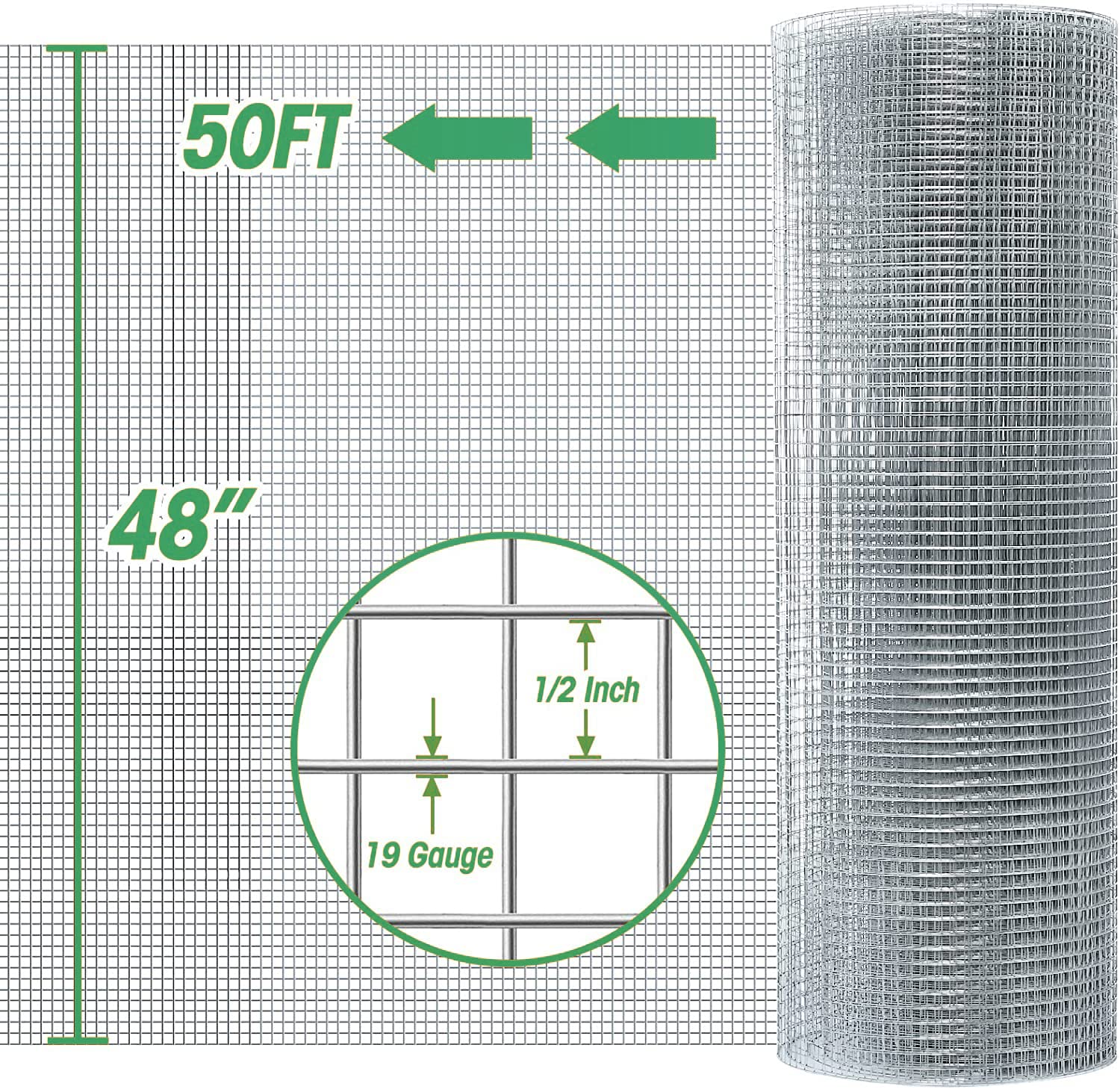 1/2 Inch 19 Gauge Hot-Dipped Galvanized Hardware Cloth - 48in x 50ft Wire Mesh Roll for Chicken Coop, Garden Fence, Animal Enclosure & Pest Control | Durable Metal Wire Fencing for Poultry, Vegetables & Small Animals