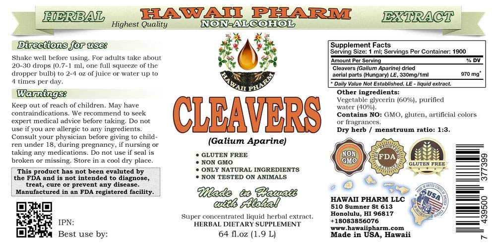 Organic Cleavers (Galium aparine) Alcohol-Free Liquid Extract - Natural Herbal Supplement by Hawaii Pharm, 64 oz - Supports Lymphatic & Urinary Health - Perfect for Detox & Wellness Routines