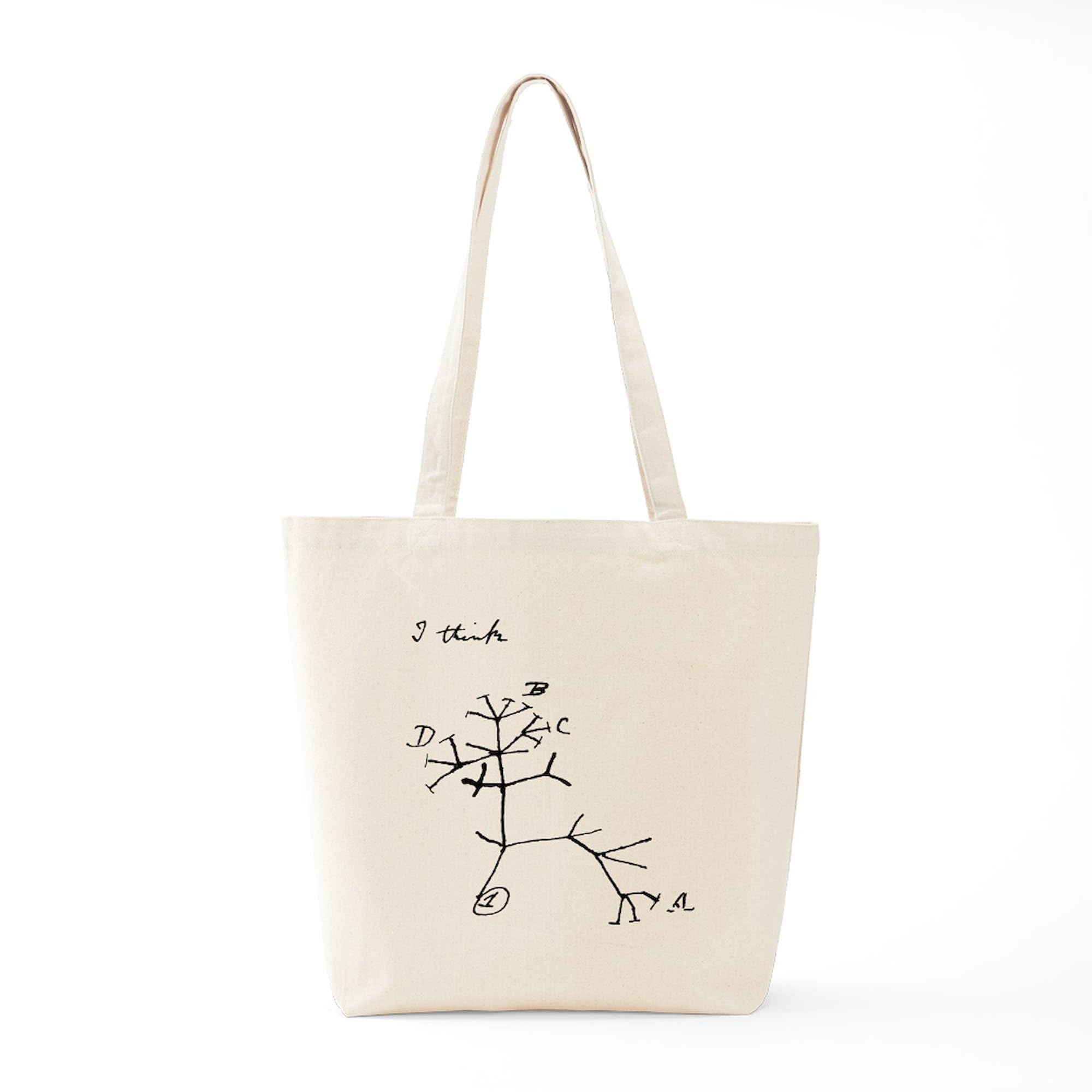 Darwin Notebook 'I Think' Natural Canvas Tote Bag - Eco-Friendly Reusable Shopping Bag for Groceries, Beach & Work | Durable Cotton Tote with Printed Design