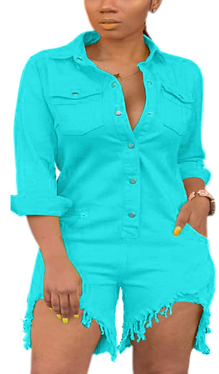 Sexy Women's Denim Romper with Belt & Pockets - Short Sleeve Bodycon Jumpsuit for Summer Outfits | Perfect for Casual Wear, Date Nights & Beach Vacations