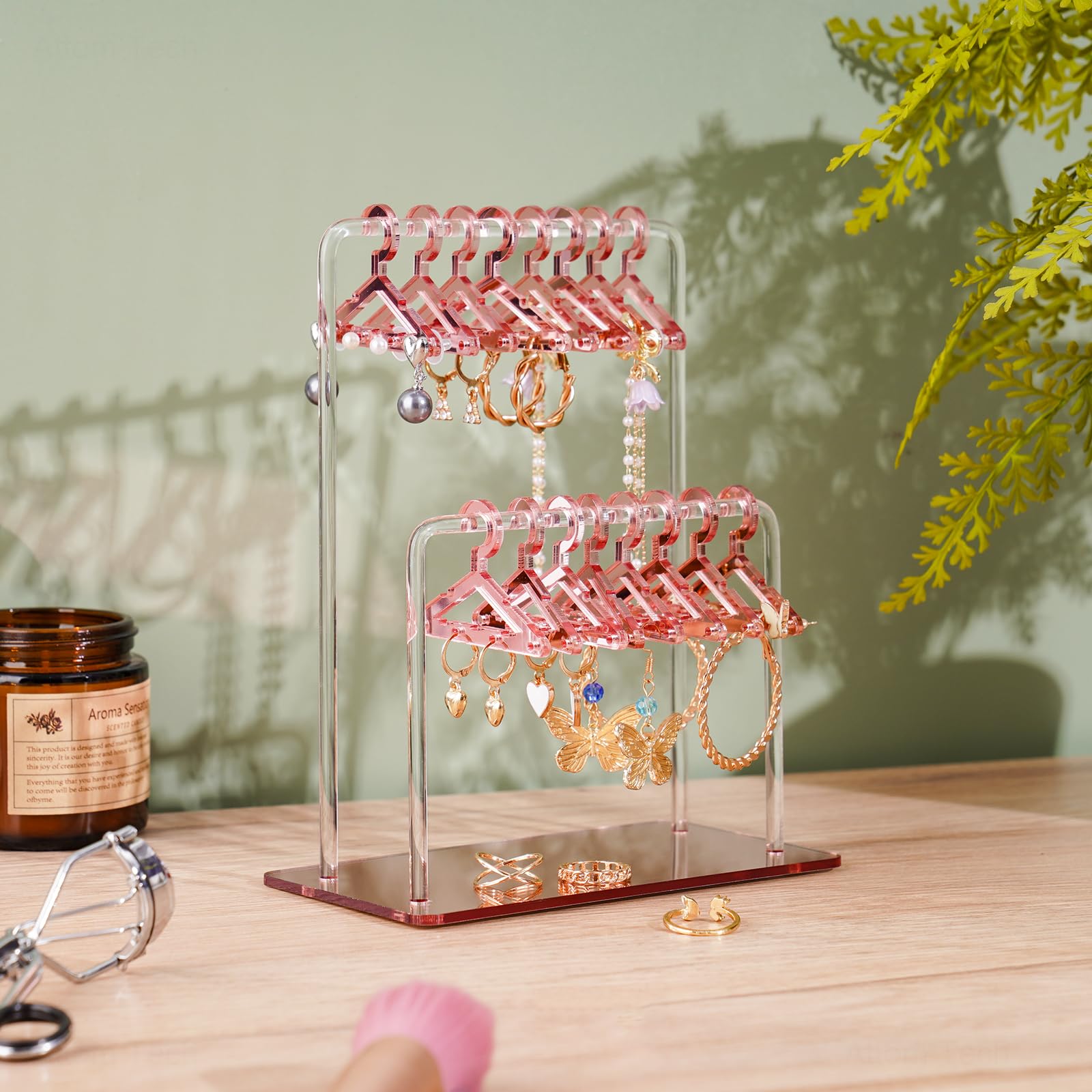 NiHome Acrylic Earring Organizer with Double-Tiered Design - 48 Pair Jewelry Storage with Mini Clothes Hangers & Mirror Finish - Perfect for Home Vanity, Retail Display & Gift Giving (Rose Gold)